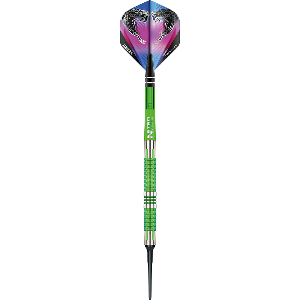 RD1917-Red-Dragon-Peter-Wright-Snakebite-Mamba-2-Softdarts-1ihegDLofLWykx Red Dragon Peter Wright Snakebite Mamba 2 Softdarts einzeln nebeneinander angeordnet. Die Barrels haben ein besonders auffälliges Muster.