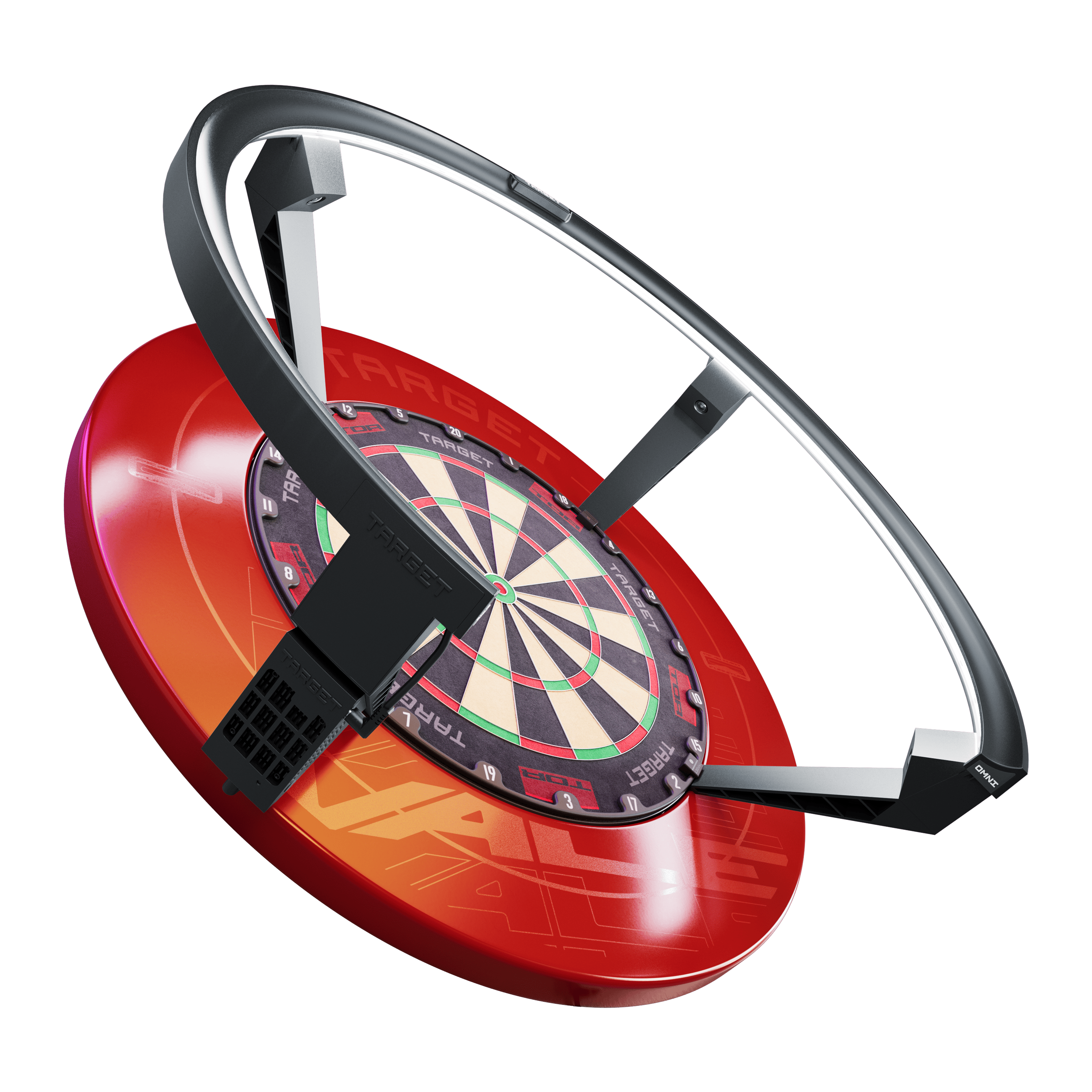 Target OMNI auto-scoring system Das Bild zeigt das Produkt "Target OMNI Auto-Scoring-System", ein innovatives automatisches Punktesystem für Dartscheiben. Es besteht aus einem roten Sockel, einer Dartscheibe und einem großen schwarzen Ring, der über der Scheibe angebracht ist.