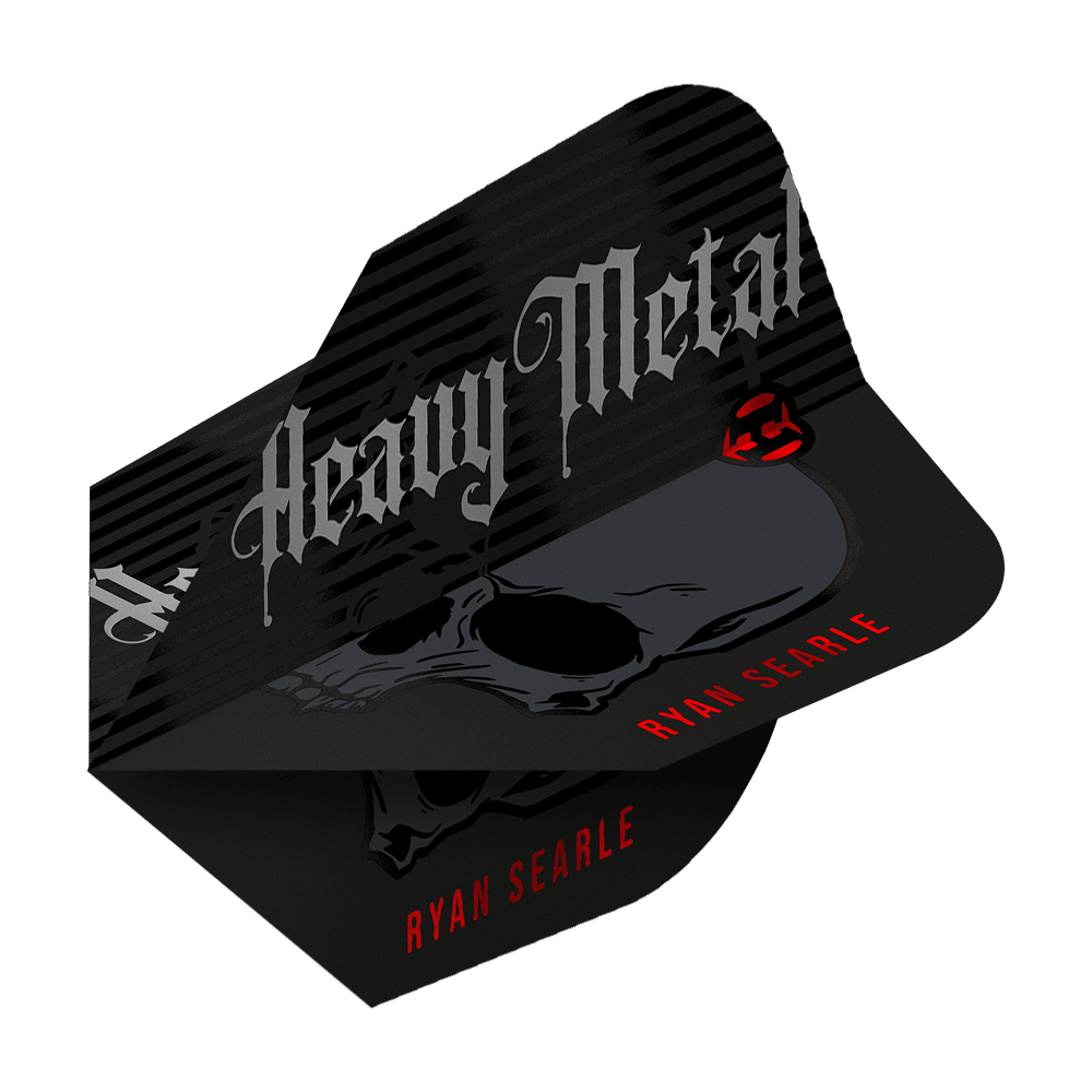 Harrow's Ryan Searle Heavy Metal Series 2 Flights Das Bild zeigt ein Dart-Flight mit der Aufschrift "Heavy Metal" und einem Totenkopf-Design. Unten steht in roten Buchstaben der Name "Ryan Searle".