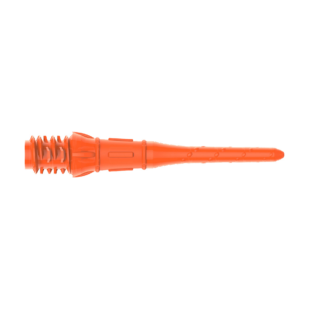 Premium Lippoints (30er Pack) - Spitzen Das Bild zeigt eine orangefarbene Dartspitze aus Kunststoff. Sie hat ein Gewinde am einen Ende und ist am anderen Ende spitz zulaufend.