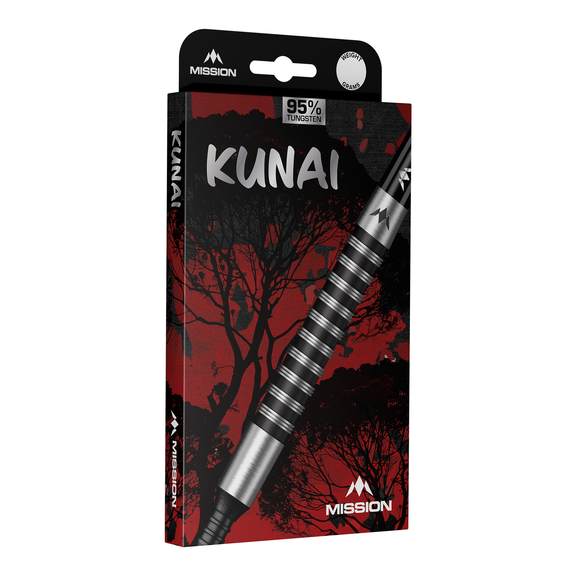 Hier wird Mission Kunai Black PVD Steeldarts - 23g dargestellt. Die Steeldarts bestehen aus schwarzem Material und wiegen 23 Gramm.