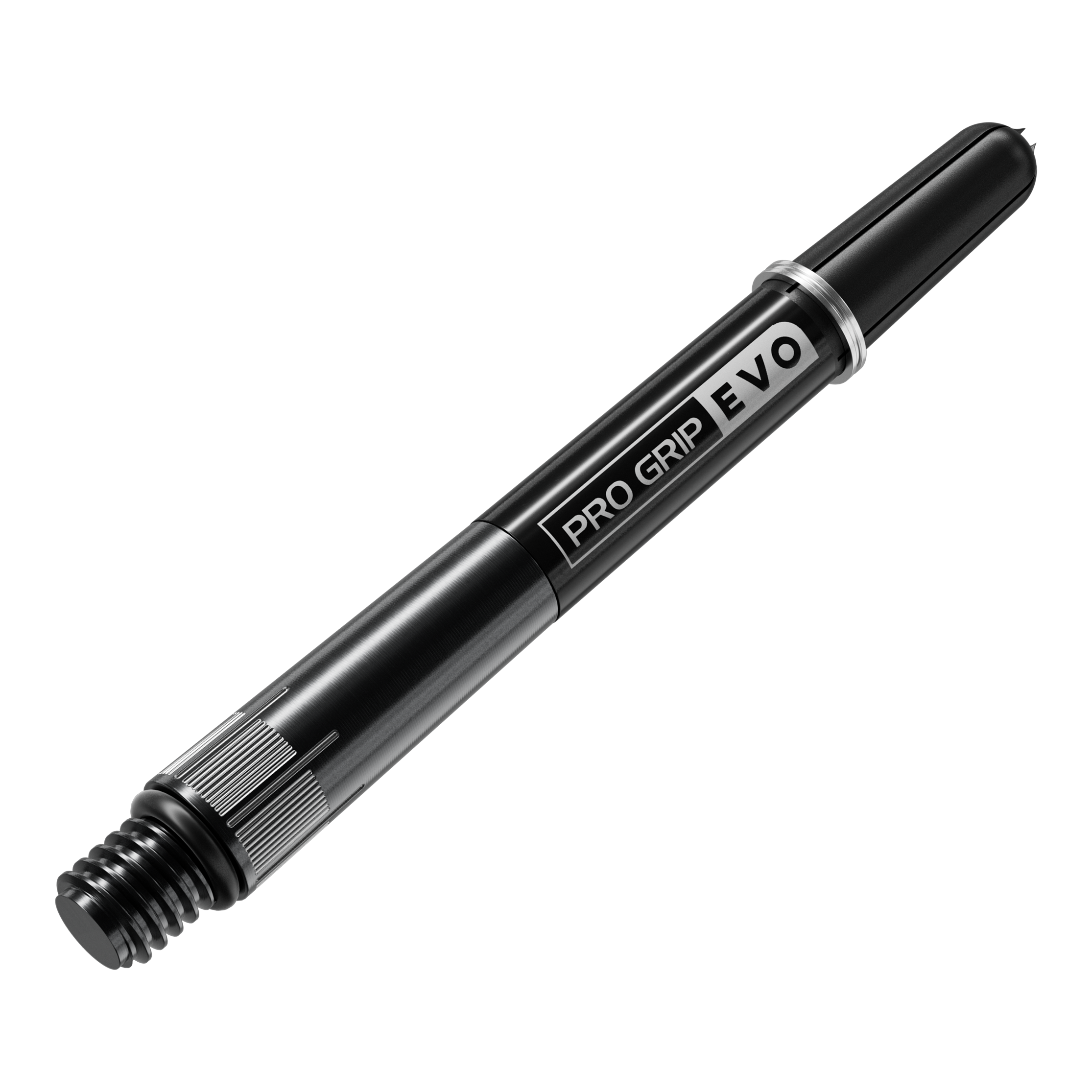 Target Pro Grip EVO Raymond Van Barneveld Chrono Titanium Shafts Das Bild zeigt einen schwarzen Pro Grip Evo Dart-Schaft aus Titan. Auf dem Schaft steht "PRO GRIP EVO" in weißen Buchstaben.