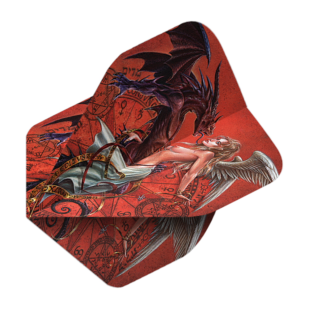 Alchemy Chemical Wedding No2 Standard Flights Das Bild zeigt das Produkt "Alchemy Chemical Wedding No2 Standard Flights". Auf dem Flight ist eine künstlerische Darstellung eines Engels und eines Dämons vor magischen Symbolen zu sehen.