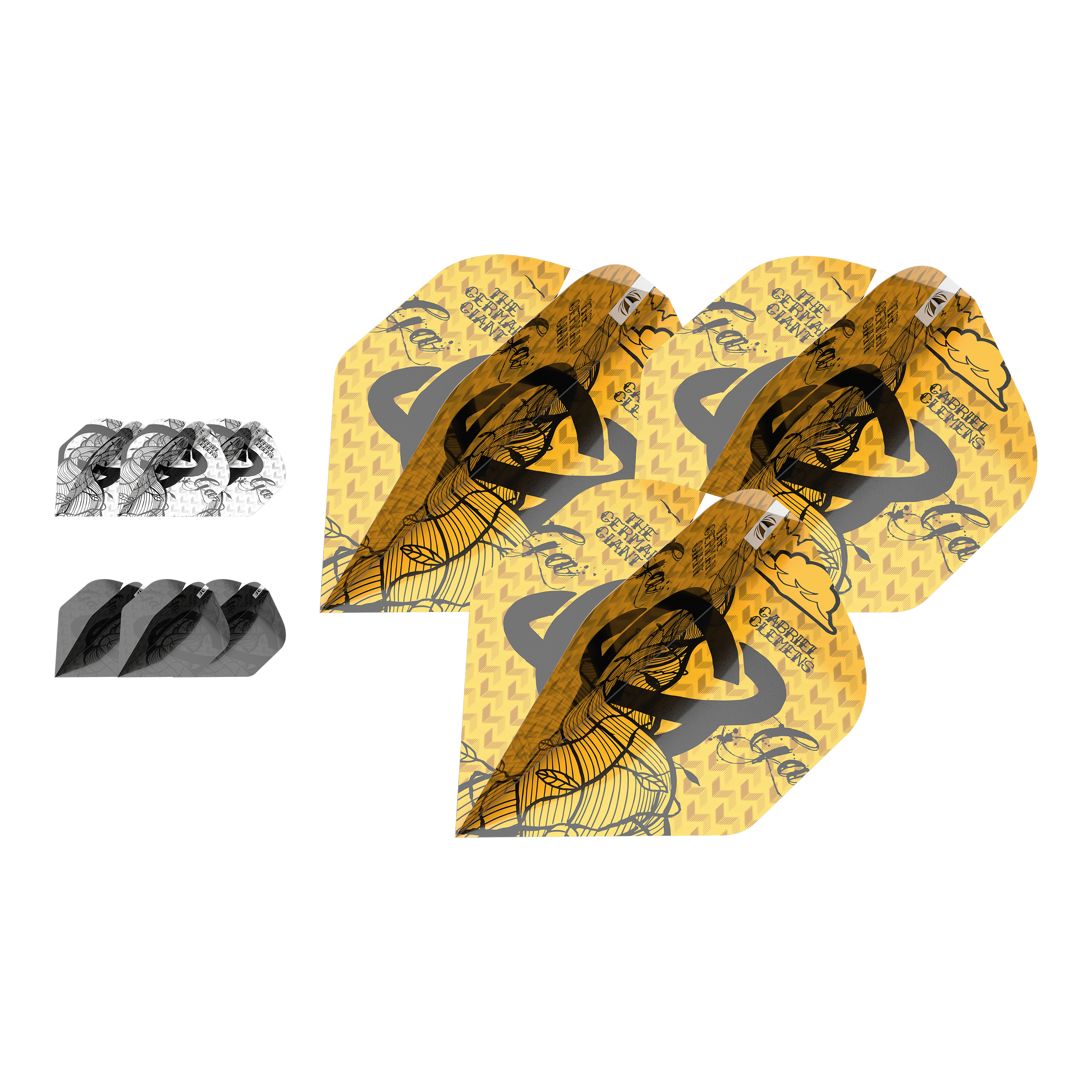 Target Ink Bundle 3 Sets Gabriel ClemensNo2 Standard Flights Das Bild zeigt drei Sets von Gabriel Clemens No2 Standard Flights aus der Target Ink Bundle Kollektion. Die Flights haben unterschiedliche Designs in Gelb, Schwarz und Weiß.