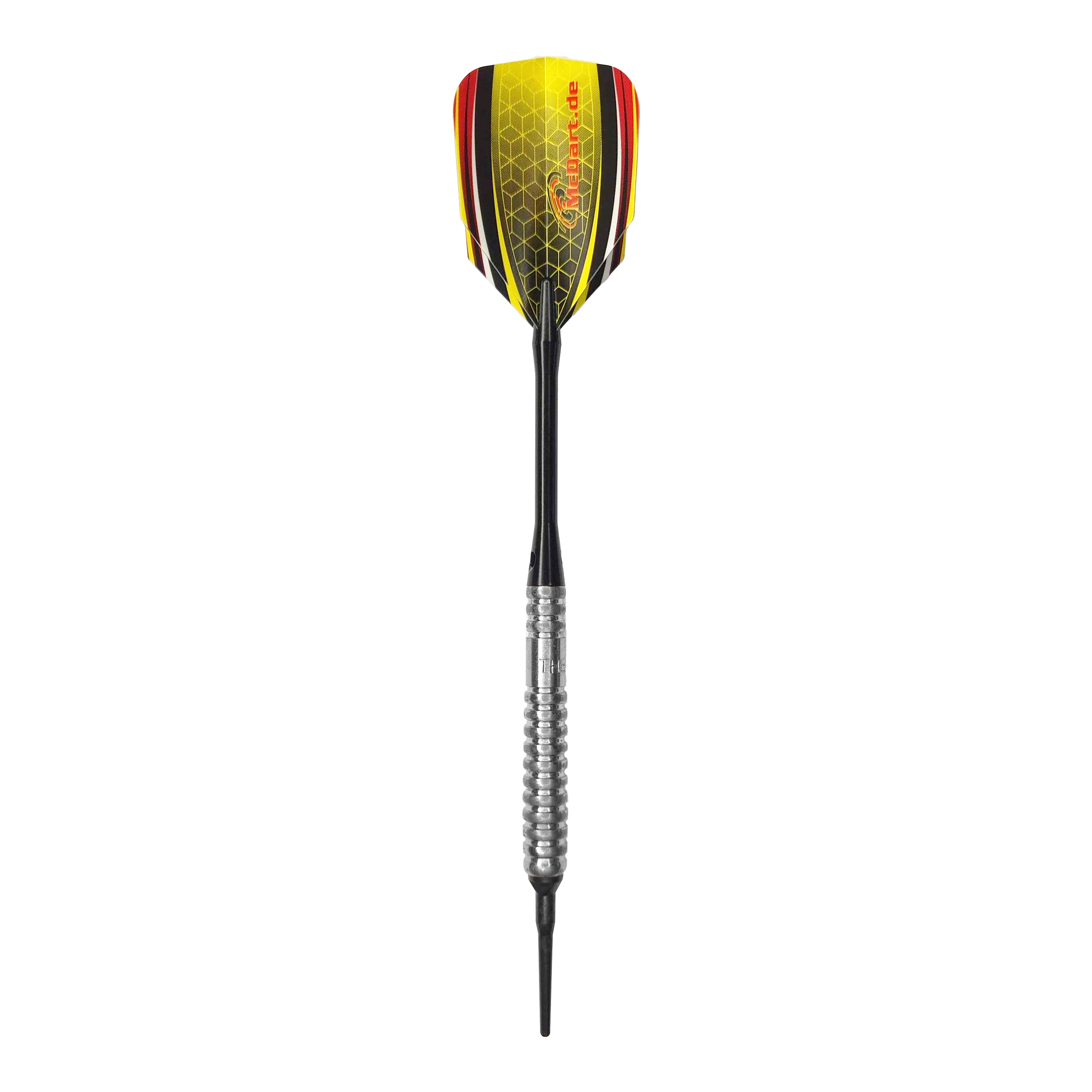 McDart 85 Tungsten V20 Soft Darts - 17g Dies ist ein Softdart namens "McDart 85er Tungsten V20" mit einem Gewicht von 17g. Der Dart hat einen silbernen Griff und gelb-schwarze Flights mit roten Akzenten.