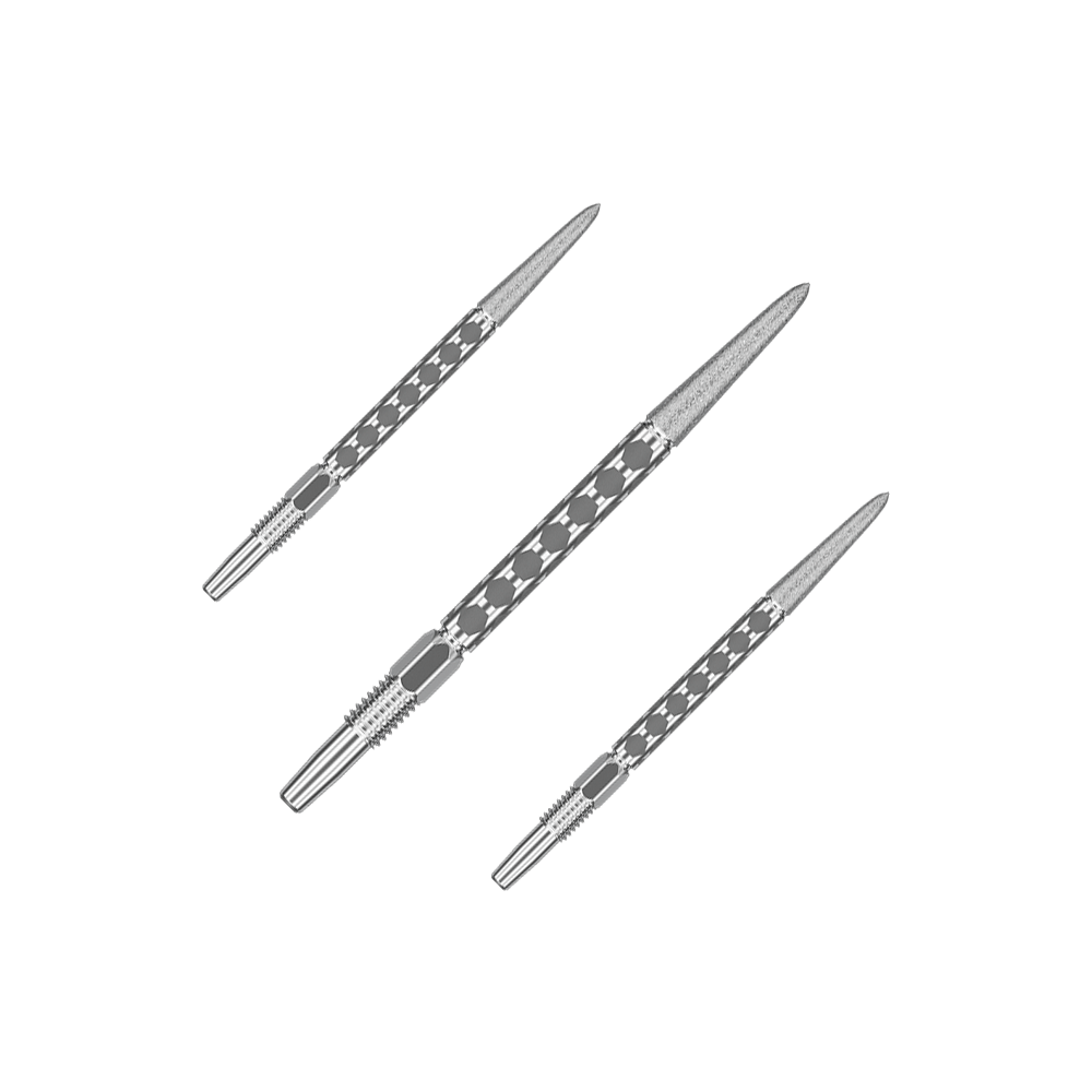 Target Swiss FLT Point Dart Tips - Silver Ein Set mit mehreren kurzen silbernen Dartspitzen ist nebeneinander angeordnet. Die Spitzen laufen parallel.