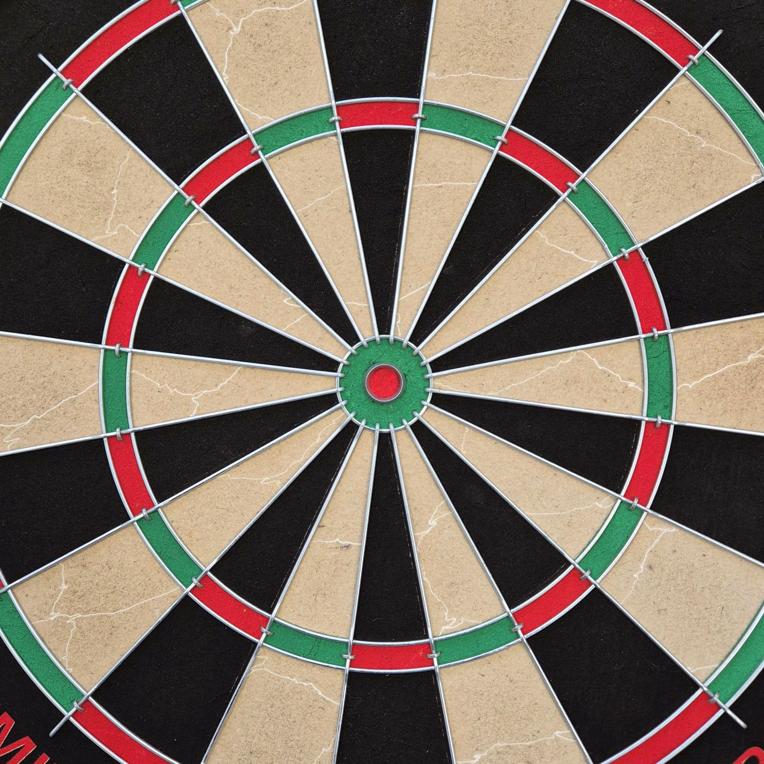 Target Dimitri Van Den Bergh steel dartboard set Auf dem Bild ist eine Steeldartscheibe mit farbigen Segmenten in Rot, Grün, Schwarz und Beige zu sehen. Es handelt sich um das Produkt "Target Dimitri Van Den Bergh Steeldartboard Set".