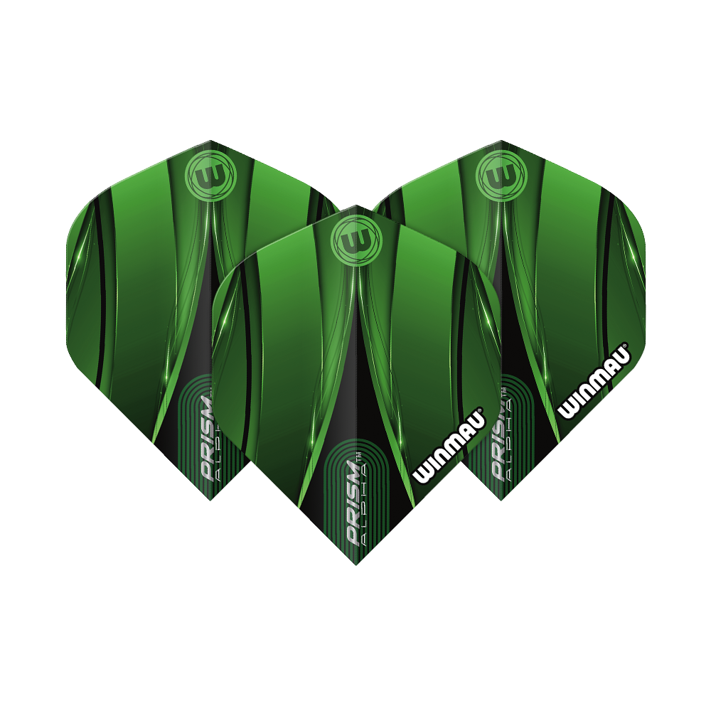 Winmau Alpha Sniper Green Standard Flights Das Bild zeigt drei grüne Dart-Flights des Modells „Winmau Alpha Sniper Green Standard Flights“. Die Flights haben ein modernes, grünes Design mit schwarzen Akzenten und dem weißen Winmau-Logo.