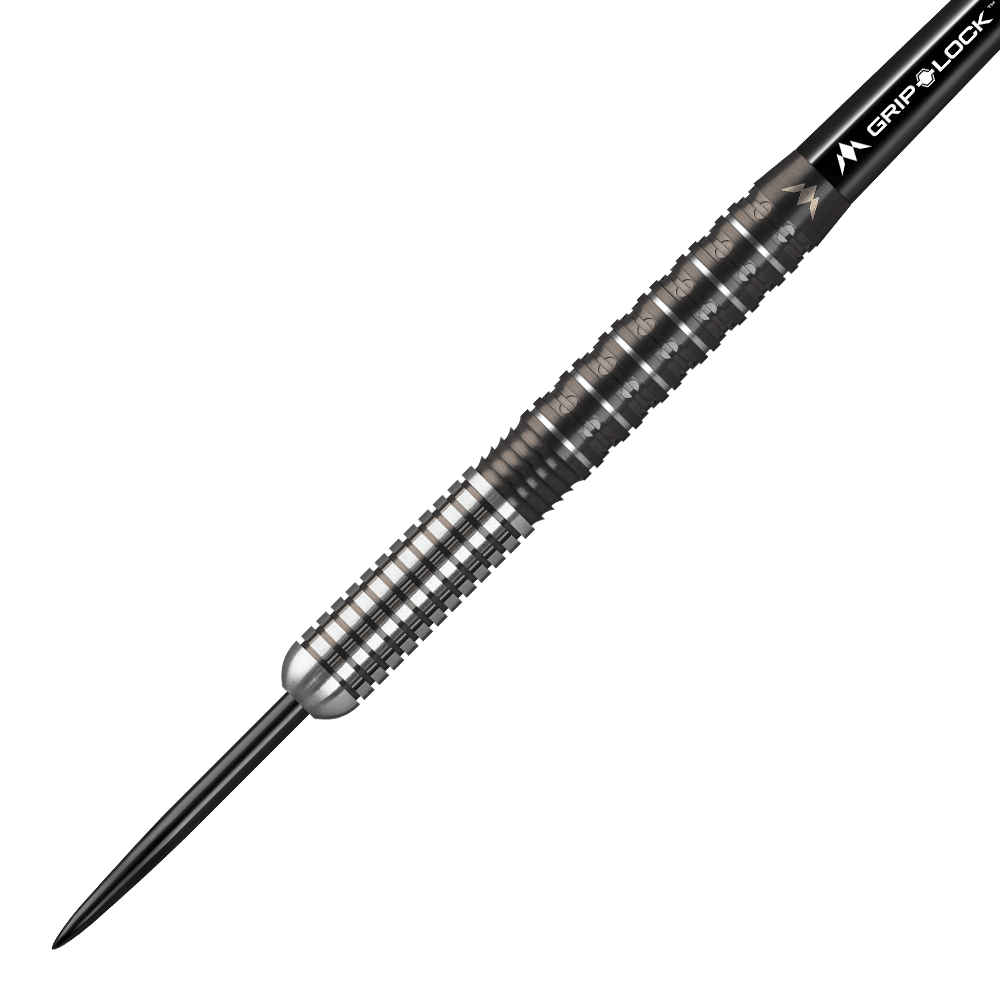 Mission Makara M1 Steeldarts Das Bild zeigt den Mission Makara M1 Steeldart. Der Dartpfeil hat eine schwarz-silberne, geriffelte Oberfläche für besseren Halt.