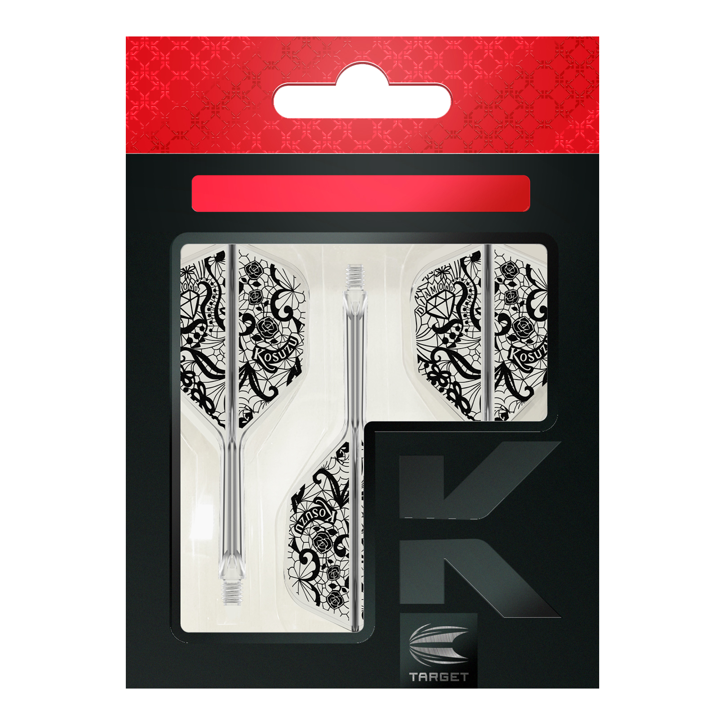 Target Japan K-Flex Diamond No6 Flight Shaft System Das Bild zeigt die Verpackung des Produkts "Target Japan K-Flex Diamond No6 Flight-Shaft-System". Zu sehen sind drei transparente Dartschäfte mit weißen Flights, die ein detailliertes, schwarzes Muster haben.