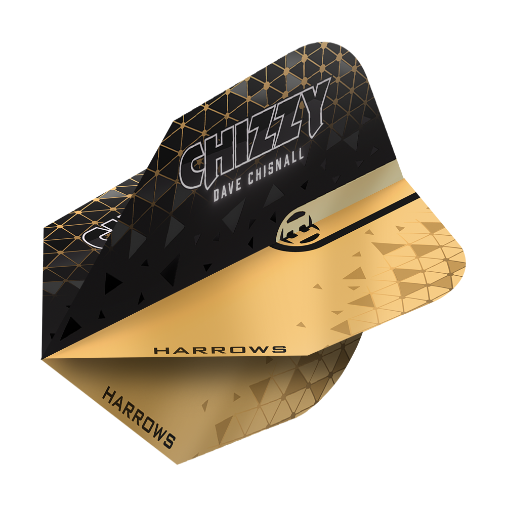 Harrows Prime Dave Chisnall Chizzy 2 No6 Flights Das Bild zeigt ein Harrows Prime Dave Chisnall Chizzy 2 No6 Flight. Das Flight ist schwarz-gold gestaltet und trägt den Aufdruck "CHIZZY DAVE CHISNALL" sowie das Harrows-Logo.