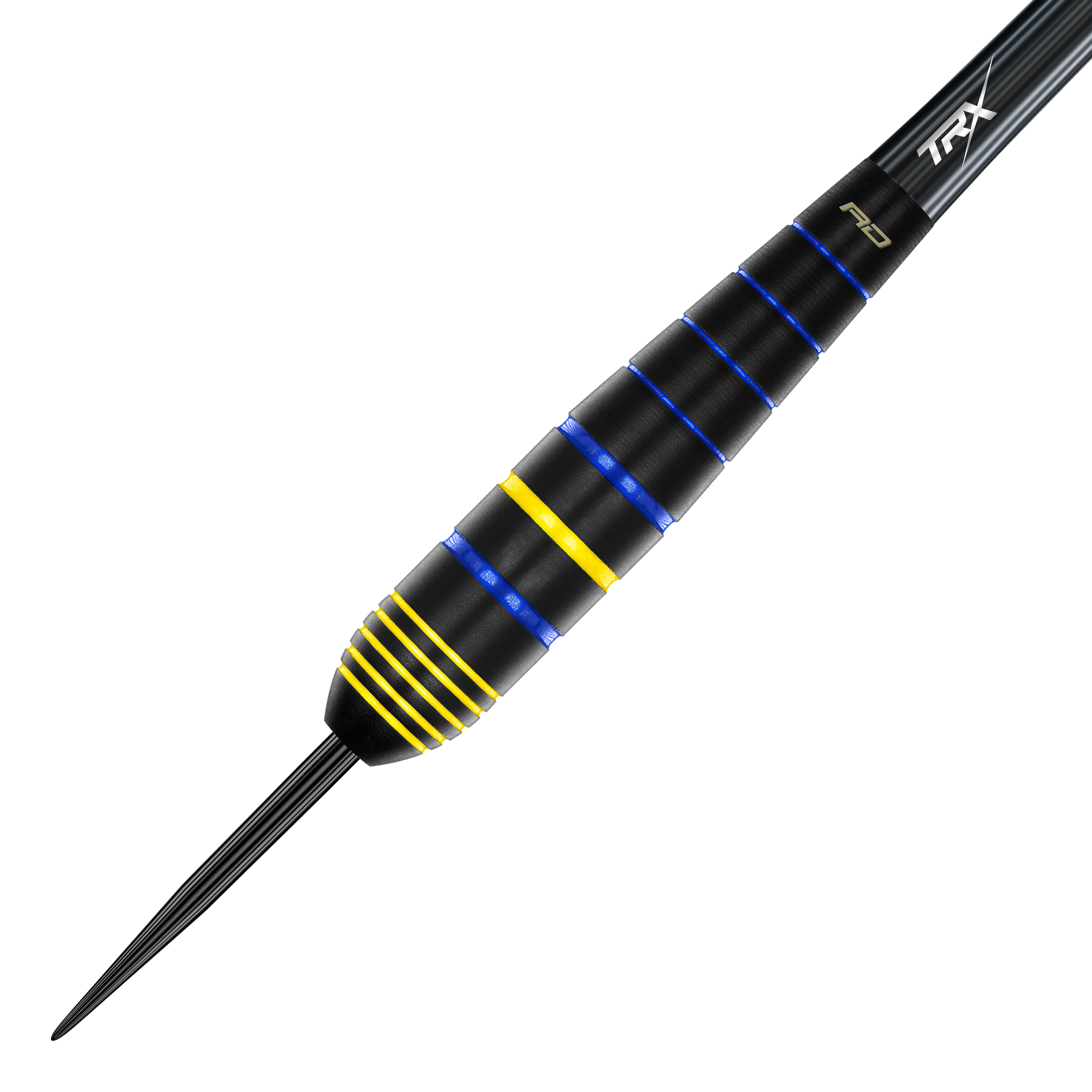Red Dragon Luke Humphries World Champion Brass Steel Darts Das Bild zeigt einen Red Dragon Luke Humphries World Champion Brass Steeldart. Der Dart ist schwarz mit blauen und gelben Ringen verziert.