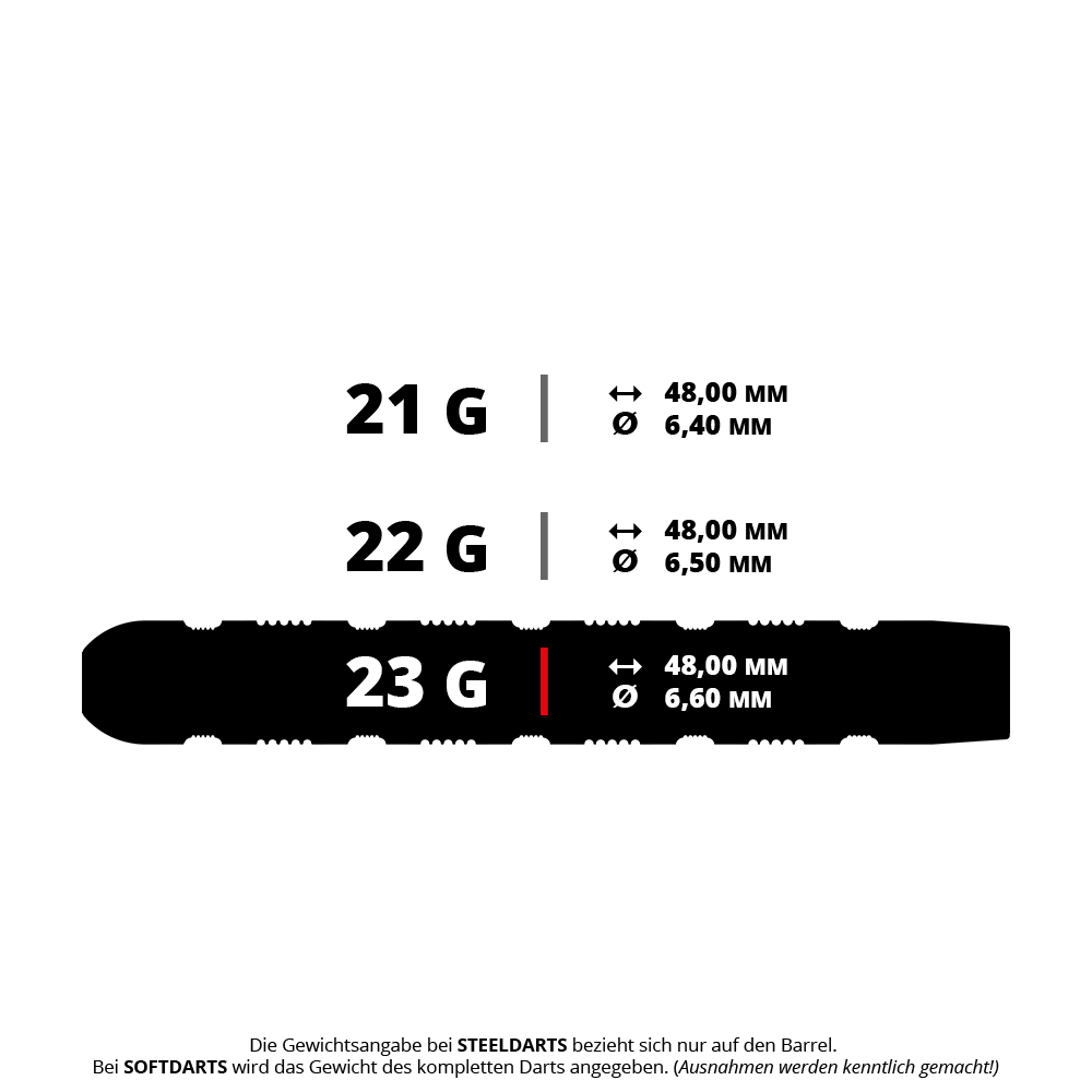 Target Rob Cross 95K Swiss Point Steel Darts Das Bild zeigt drei verschiedene Darts-Barrels mit den Gewichten 21 g, 22 g und 23 g. Für alle Barrels ist die Länge 48,00 mm, aber der Durchmesser variiert je nach Gewicht.