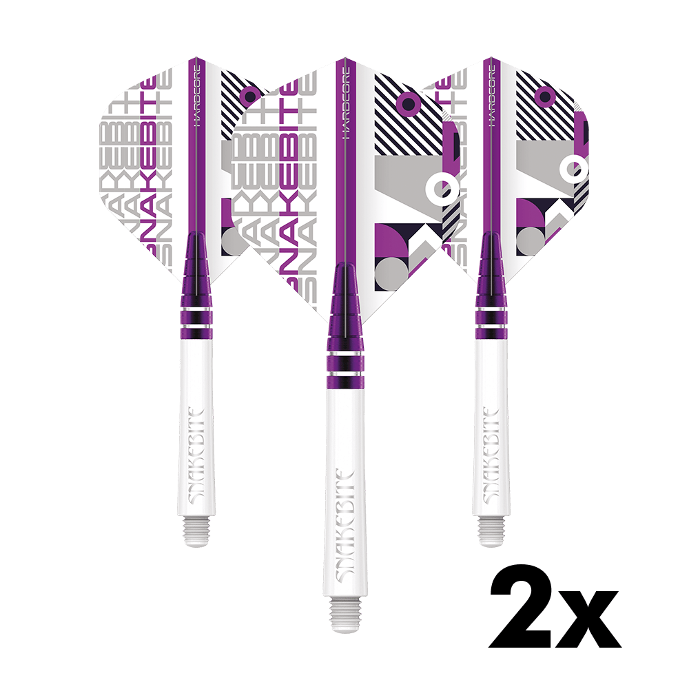 X0660_Red_Dragon_Peter_Wright_White_Flight_Shafts_Combo_Pack_1 Das Bild zeigt das Produkt "Red Dragon Peter Wright White Flight Shafts Combo Pack" mit drei weißen Shafts und bunten Flights. In der rechten unteren Ecke steht "2x", was auf zwei Sets hinweist.