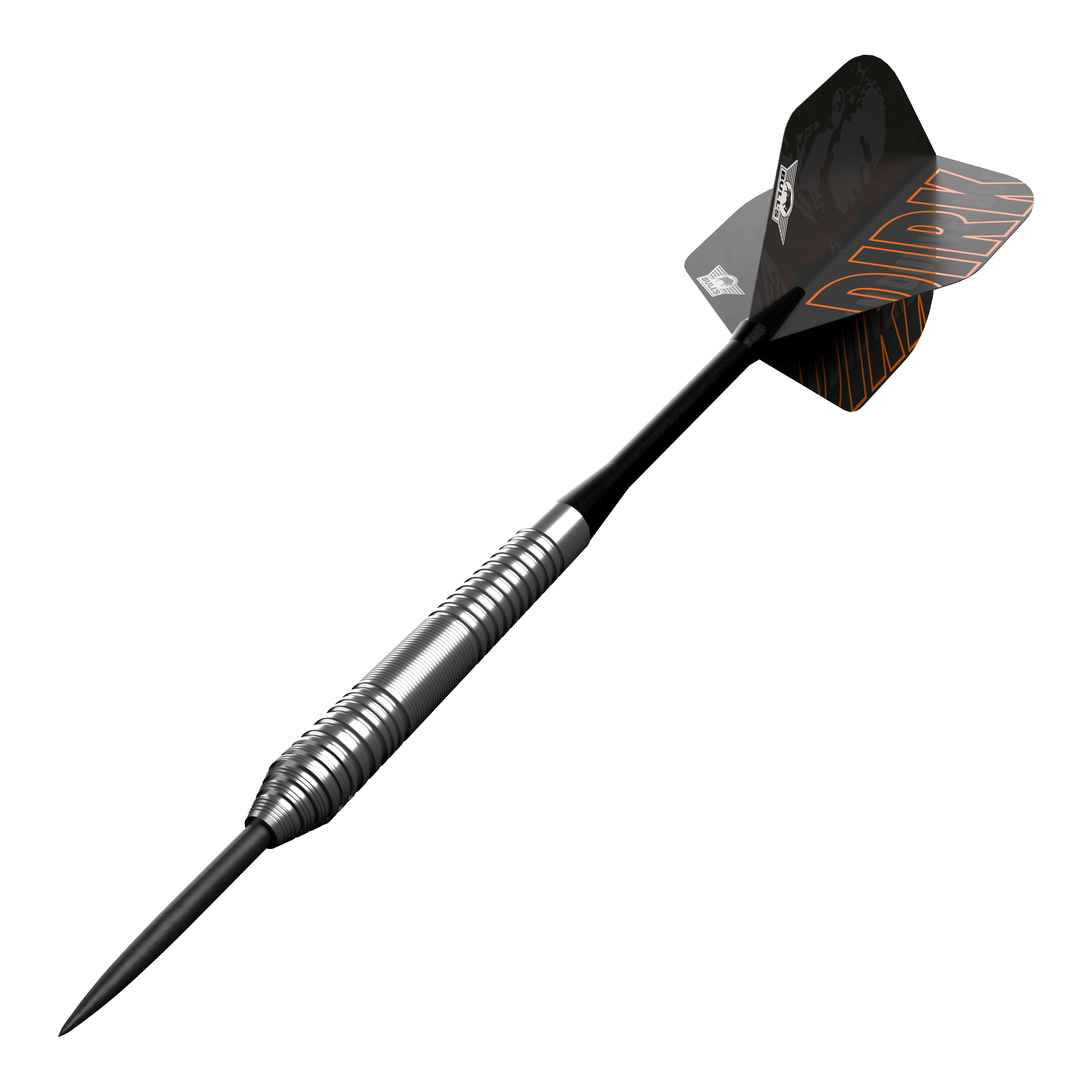 Bulls NL Dirk Van Duijvenbode 80 steel darts Dies ist ein Steeldart aus der Serie "Bulls NL Dirk Van Duijvenbode 80". Der Dart hat ein silbernes, geriffeltes Barrel und schwarze Flights mit orangefarbener Aufschrift.