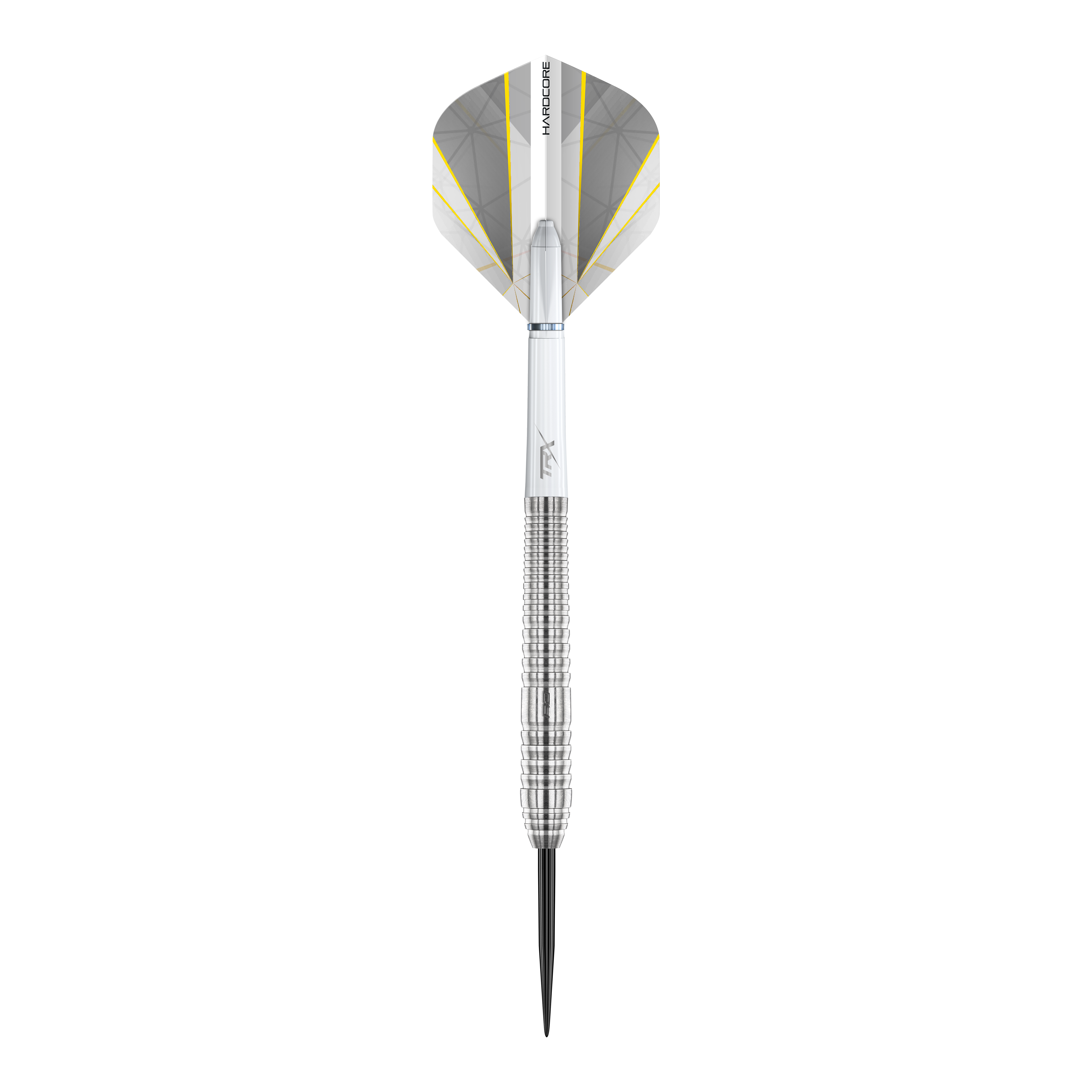 Red Dragon Seren 2 Pure Steeldarts Das Bild zeigt einen Red Dragon Seren 2 Pure Steeldart mit silbernem Schaft und Spitze. Die Flights sind weiß mit grauen und gelben Akzenten gestaltet.