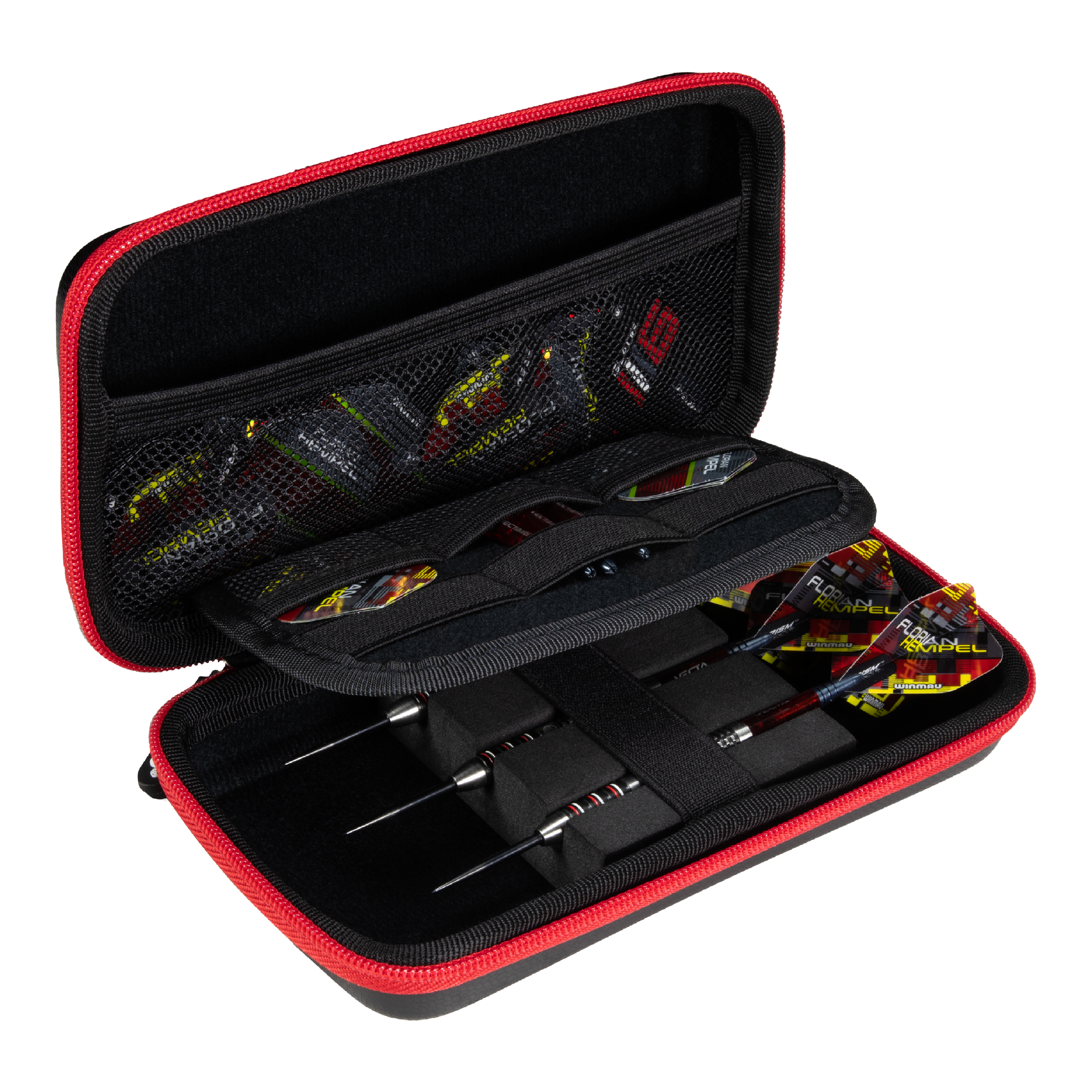 Winmau Florian Hempel Tour Edition dart case Das Bild zeigt das Winmau Florian Hempel Tour Edition Dartcase, das geöffnet und mit Darts sowie Zubehör bestückt ist. Die Darttasche hat einen schwarzen Innenraum mit Netzfächern und wird von einem roten Reißverschluss umrandet.