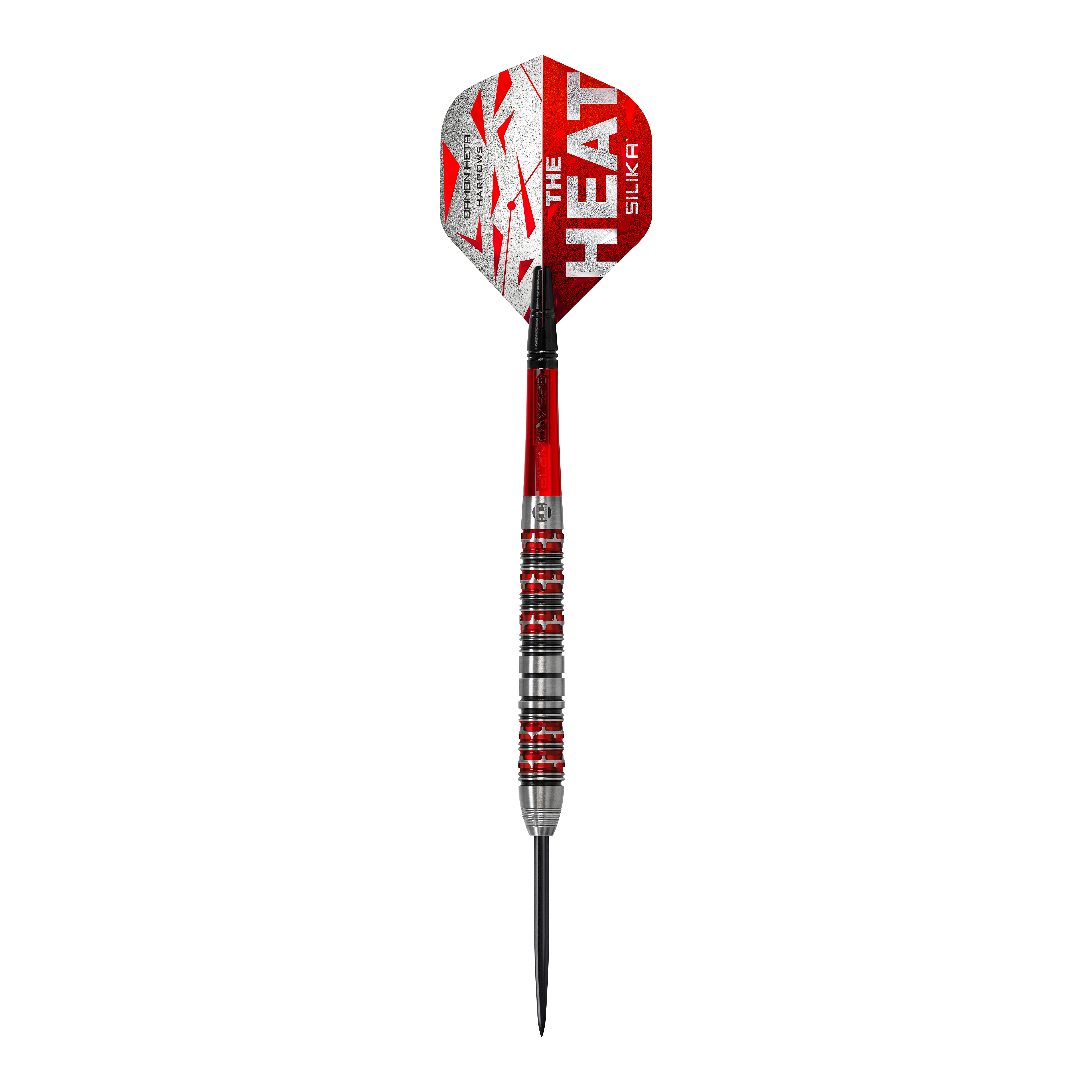 Harrow's Damon Heta Series 3 steel darts Das Bild zeigt einen Steeldart der Marke "Harrows Damon Heta Series 3". Der Dart hat rote und silberne Akzente sowie die Aufschrift „THE HEAT“ auf dem Flight.