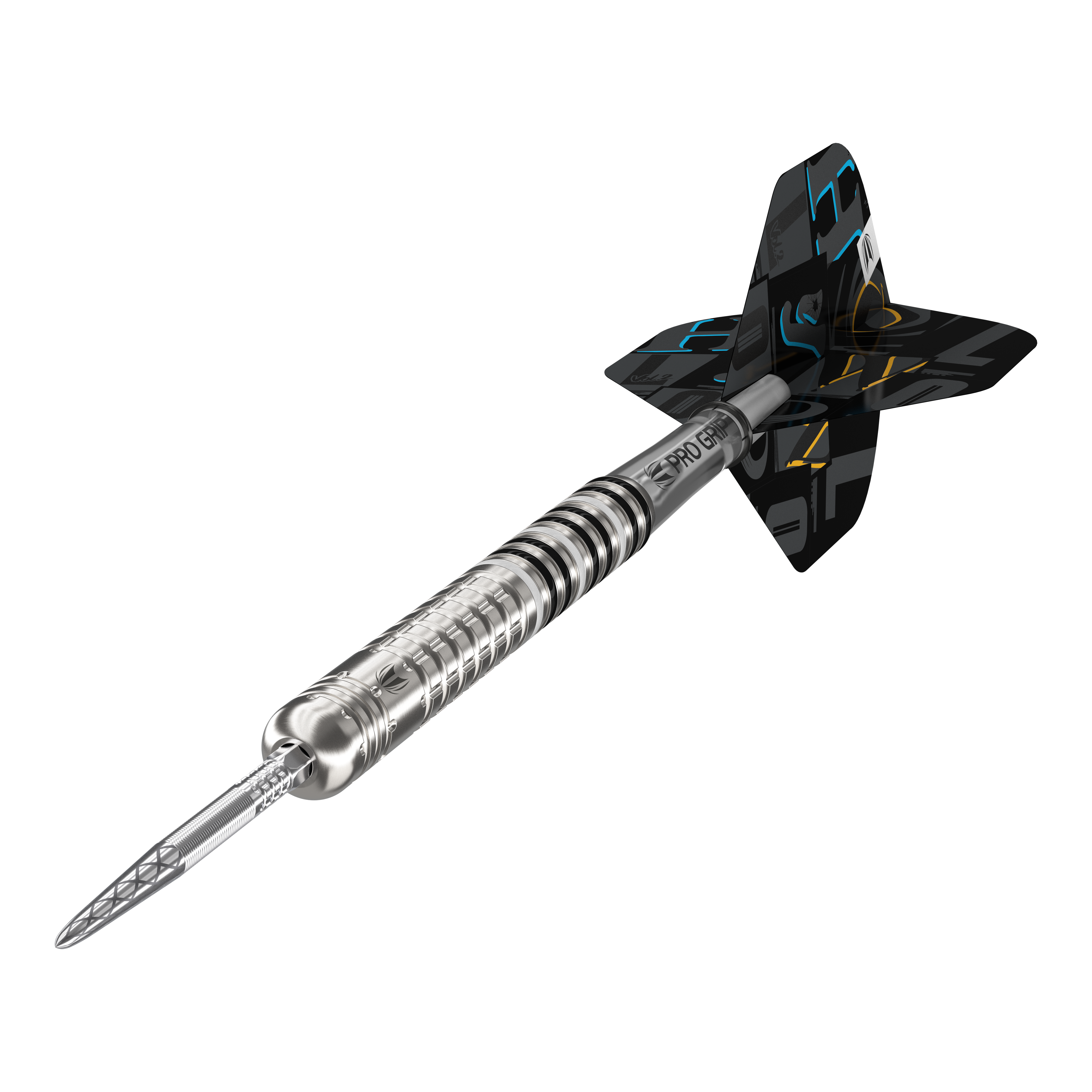 Target Chris Dobey GEN1 Swiss Point steel darts Das Bild zeigt den Target Chris Dobey GEN1 Swiss Point Steeldart. Der Dartpfeil hat ein silbernes, geriffeltes Barrel und schwarze Flights mit bunten Akzenten.