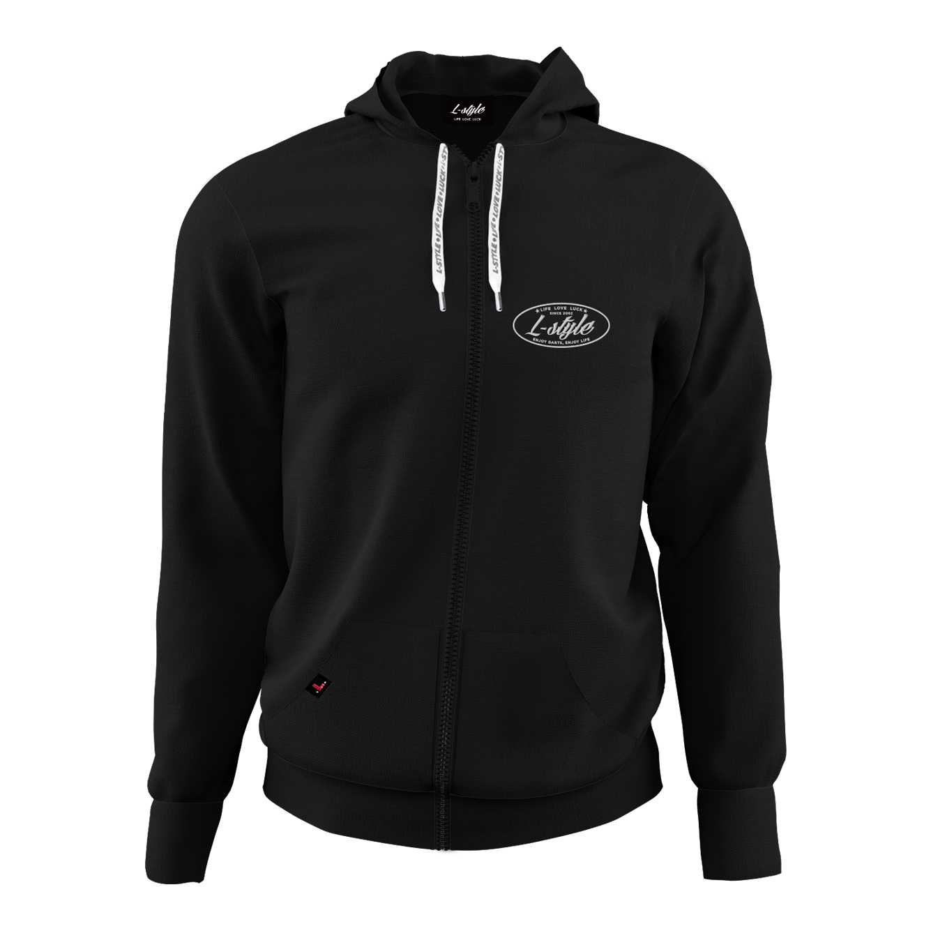 L-Style Hoodie - Black Das Bild zeigt einen schwarzen Hoodie mit Reißverschluss und Kapuze. Auf der Brust befindet sich ein weißes "L-Style"-Logo.