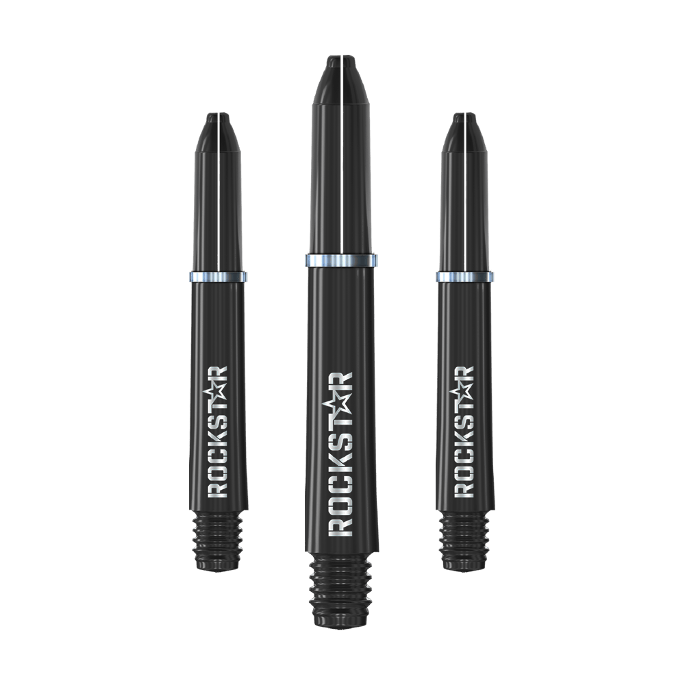 Winmau Joe Cullen Rockstar Nylon Shafts Black Das Bild zeigt drei schwarze Dartschäfte mit der Aufschrift "ROCKSTAR". Sie sind jeweils mit einem silbernen Metallring versehen.