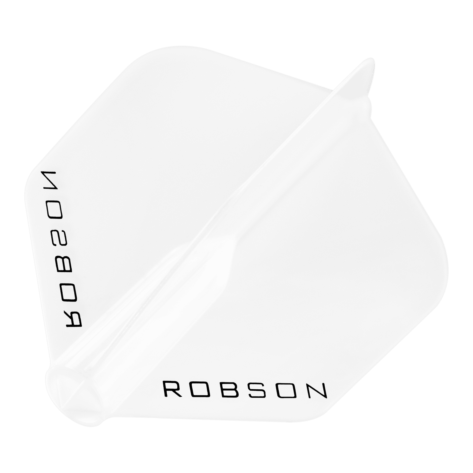 Robson Plus Flights - Standard Das Bild zeigt einen klaren Dart-Flügel mit der Aufschrift "ROBSON". Der Flügel hat eine standardmäßige, sechseckige Form.