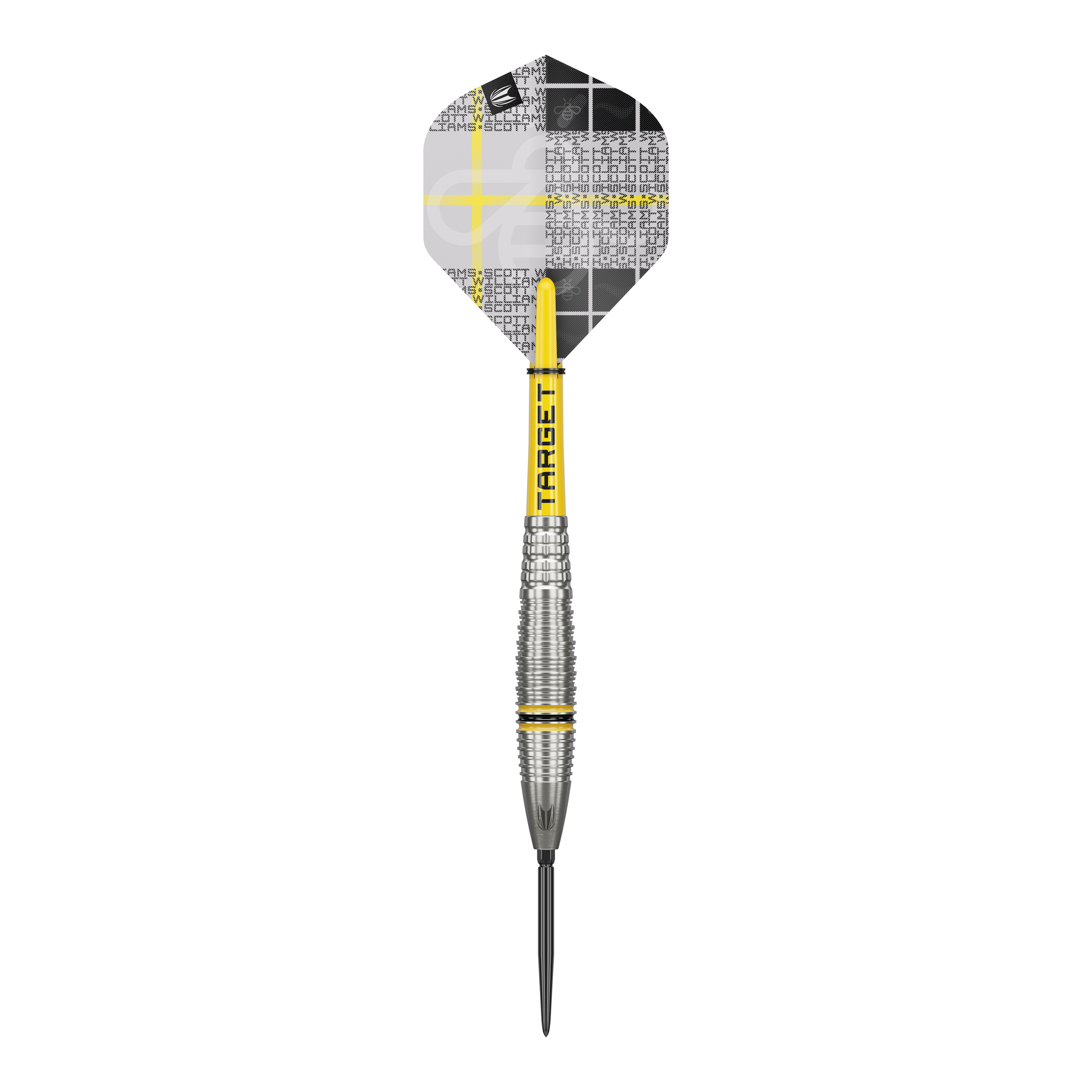 Dieses Bild zeigt einen Target Scott Williams GEN2 Swiss Point Steeldart. Der Dartpfeil hat ein silbernes Griffstück mit gelben Akzenten und ein individuell gestaltetes Flight-Design.