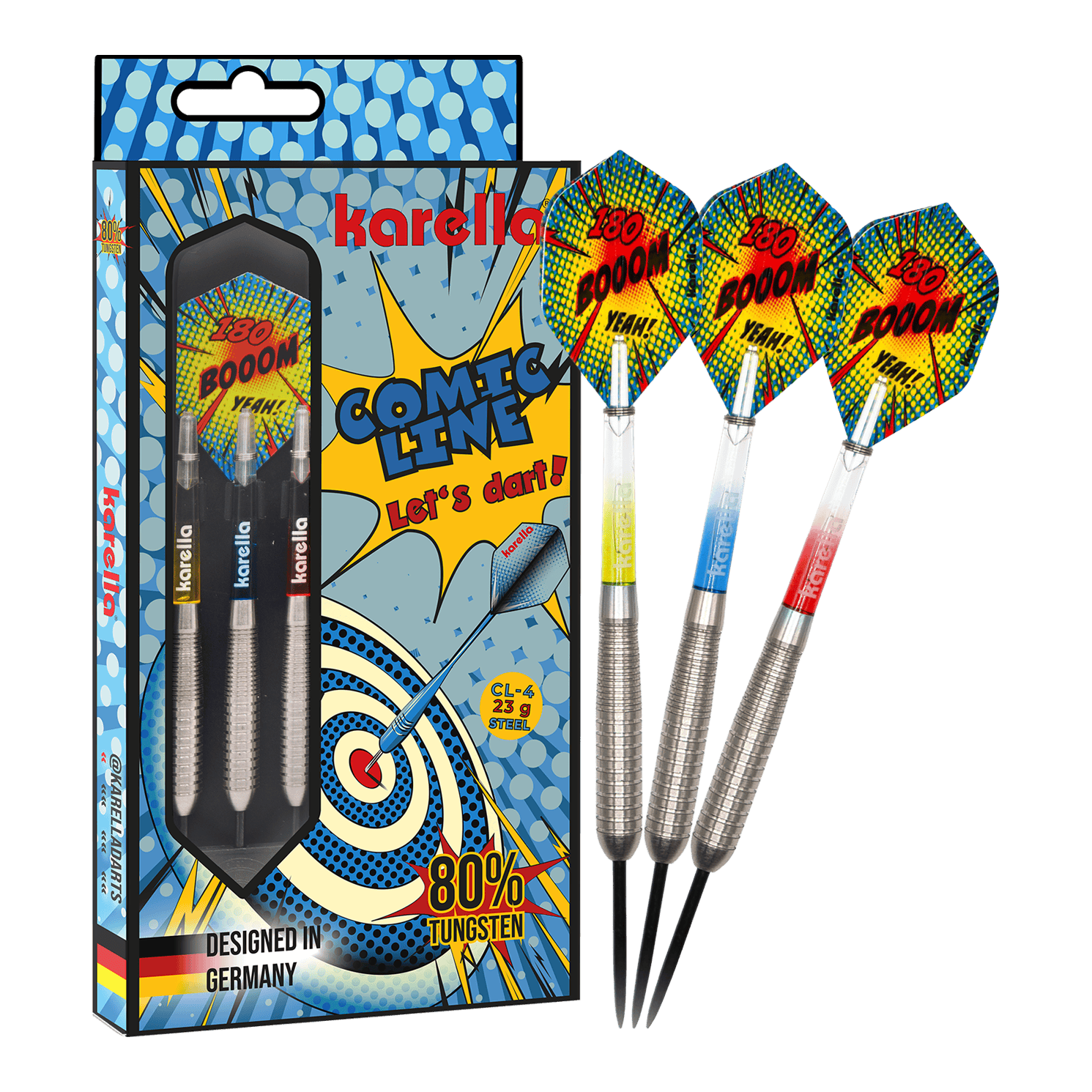 Das Bild präsentiert die Karella Comic Line CL-4 Steeldarts mit einem Gewicht von 23g. Diese Darts sind robust und für ambitionierte Spieler konzipiert.