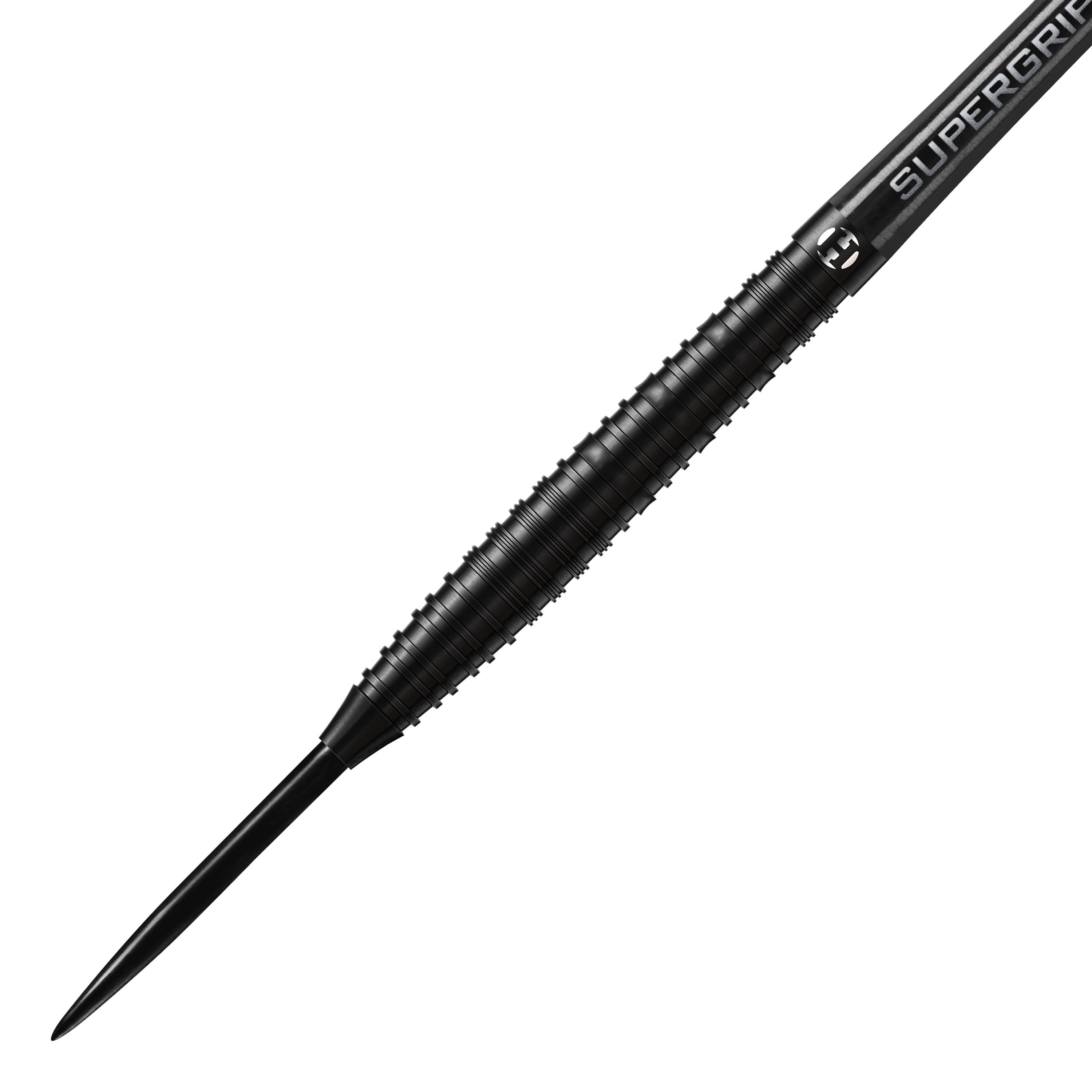 Harrows NX90 Black Edition steel darts Das Bild zeigt einen Harrows NX90 Black-Edition Steeldart. Der Dartpfeil ist komplett schwarz und hat eine geriffelte Griffzone für besseren Halt.