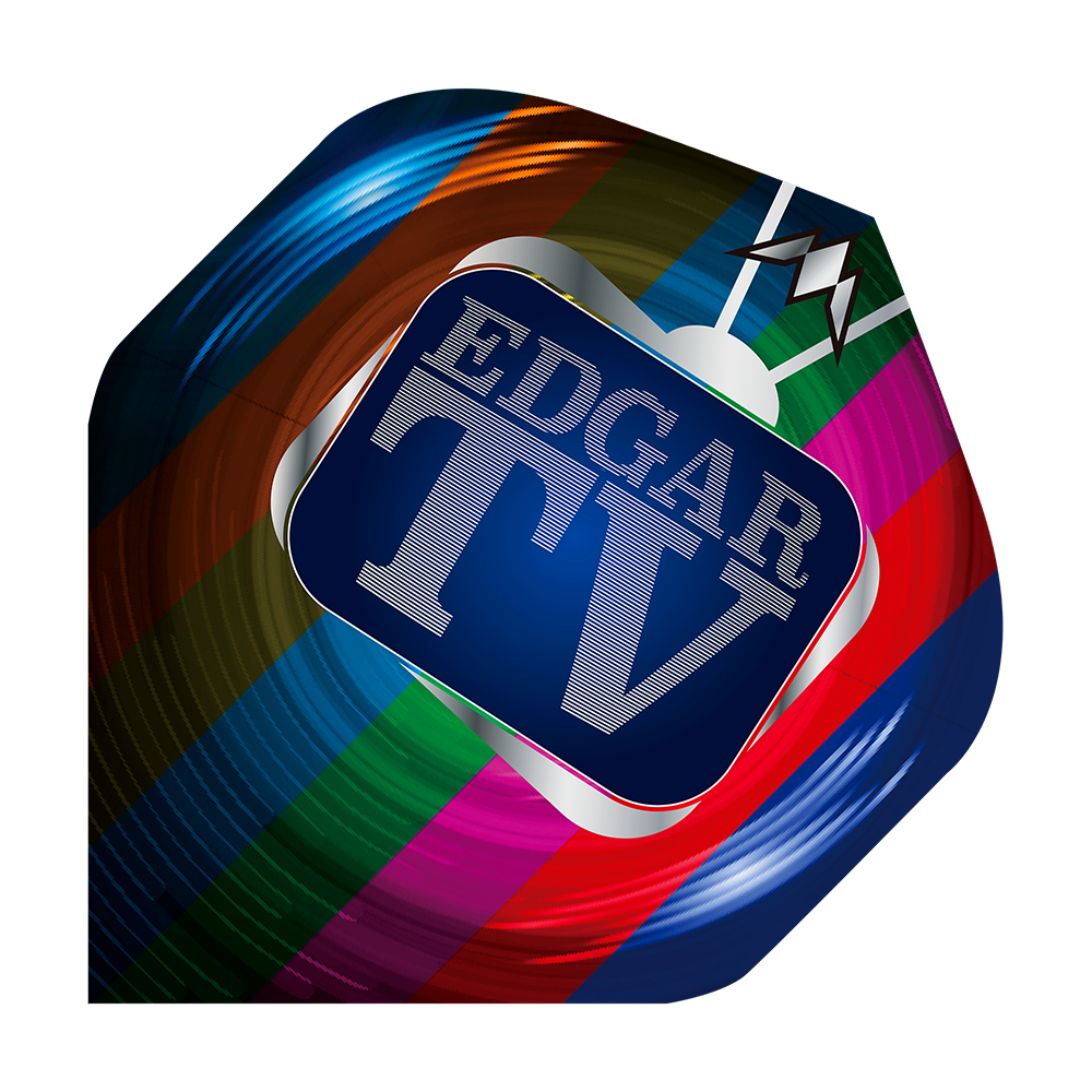 Mission Solo Matt Edgar No2 Standard Flights Das Bild zeigt ein bunt gestaltetes Dart-Flight mit dem Aufdruck "EDGAR TV" in der Mitte. Es handelt sich um das Produkt "Mission Solo Matt Edgar No2 Standard Flights".