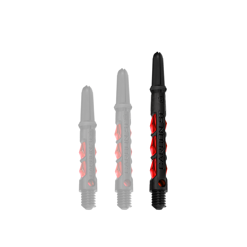 HR433_Harrows_Carbon_ST_Shafts_Rot_47mm_1bFpbe43oQ7s8J Das Bild zeigt drei Harrows Carbon ST Shafts in der Farbe Rot. Die Dartschäfte bestehen aus schwarzem Material mit roten Akzenten und unterscheiden sich in der Länge.