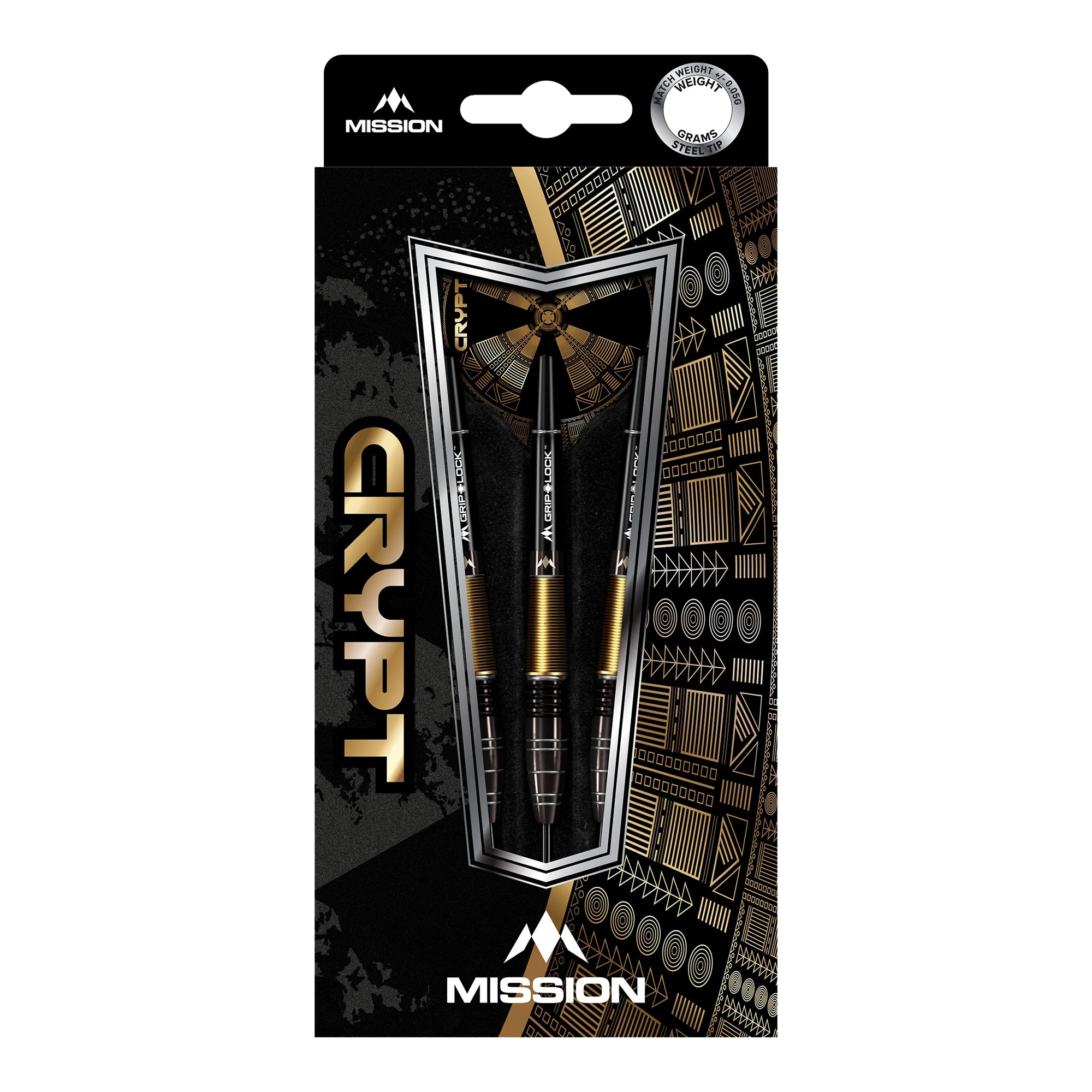 Mission Crypt Model 1 Steel Darts - 22g Die Abbildung zeigt die Verpackung der "Mission Crypt Model 1 Steeldarts - 22g". Drei schwarze und goldene Steeldarts sind in einer stilvollen Box mit geometrischen Mustern angeordnet.