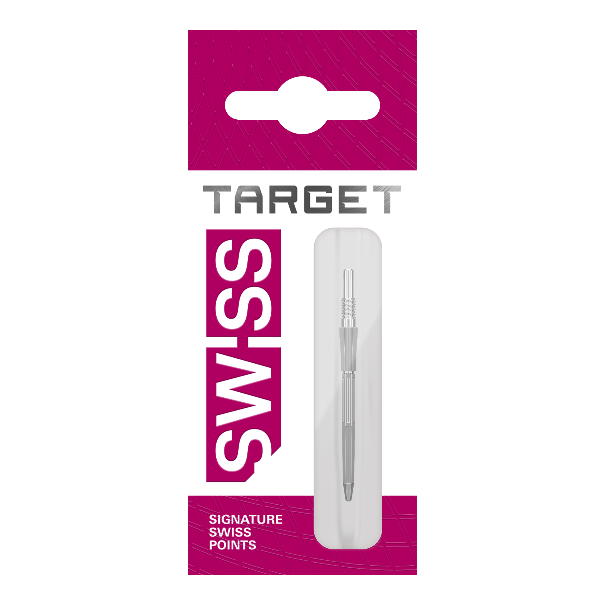 Target Elysian Archetype 43 Swiss Point Steel Dart Tips - Silver Diese Grafik zeigt drei silberne Dartspitzen mit einer Länge von 30mm. Sie sind für das Swiss Point System konzipiert.