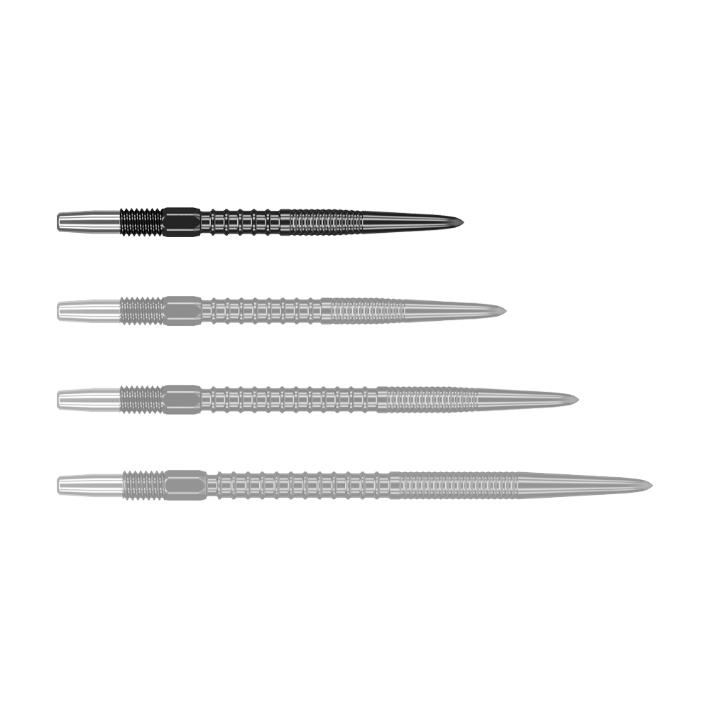 Target Swiss Firepoint Black dart tips Auf dem Bild sind vier schwarze Dartspitzen in einer Reihe zu sehen. Sie sind aus Metall und haben ein modernes, gerilltes Design.