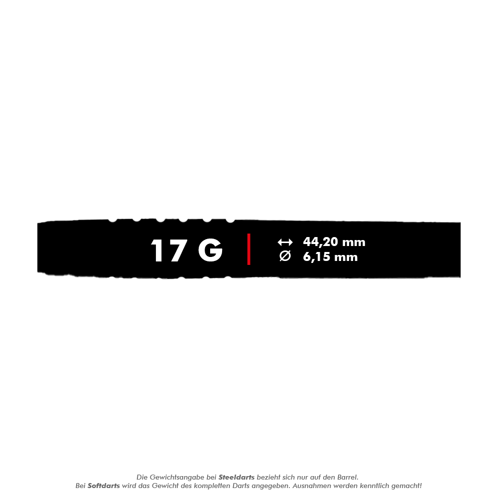 McDart 85 Tungsten V14 Soft Darts - 17g Das Bild zeigt die Produktdetails der McDart 85er Tungsten V14 Softdarts mit einem Gewicht von 17 Gramm. Die Länge beträgt 44,20 mm und der Durchmesser 6,15 mm.