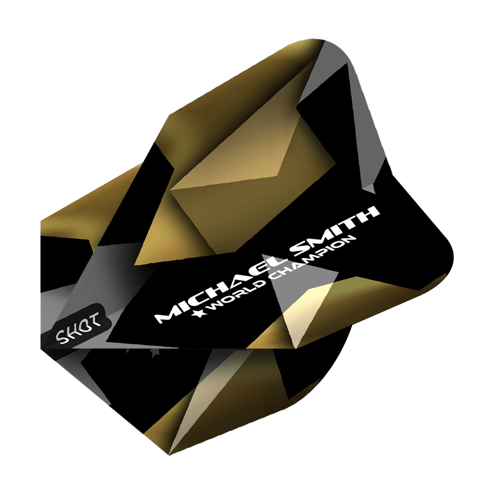 Shot Michael Smith Believe No6 Flights Das Bild zeigt den Shot Michael Smith Believe No6 Flight mit einem schwarzen und goldenen geometrischen Design. Auf dem Flight steht in weißer Schrift „MICHAEL SMITH ★ WORLD CHAMPION“.