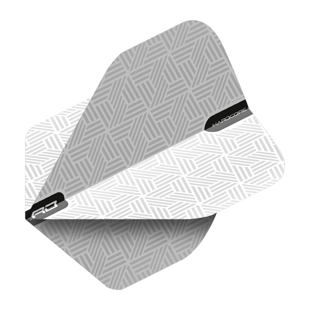 TF6427_Red_Dragon_Hardcore_White_Standard_Flights_2 Das Bild zeigt einen weißen Dartflight mit geometrischem Muster. Auf dem Flight steht der Schriftzug „HARDCORE“.