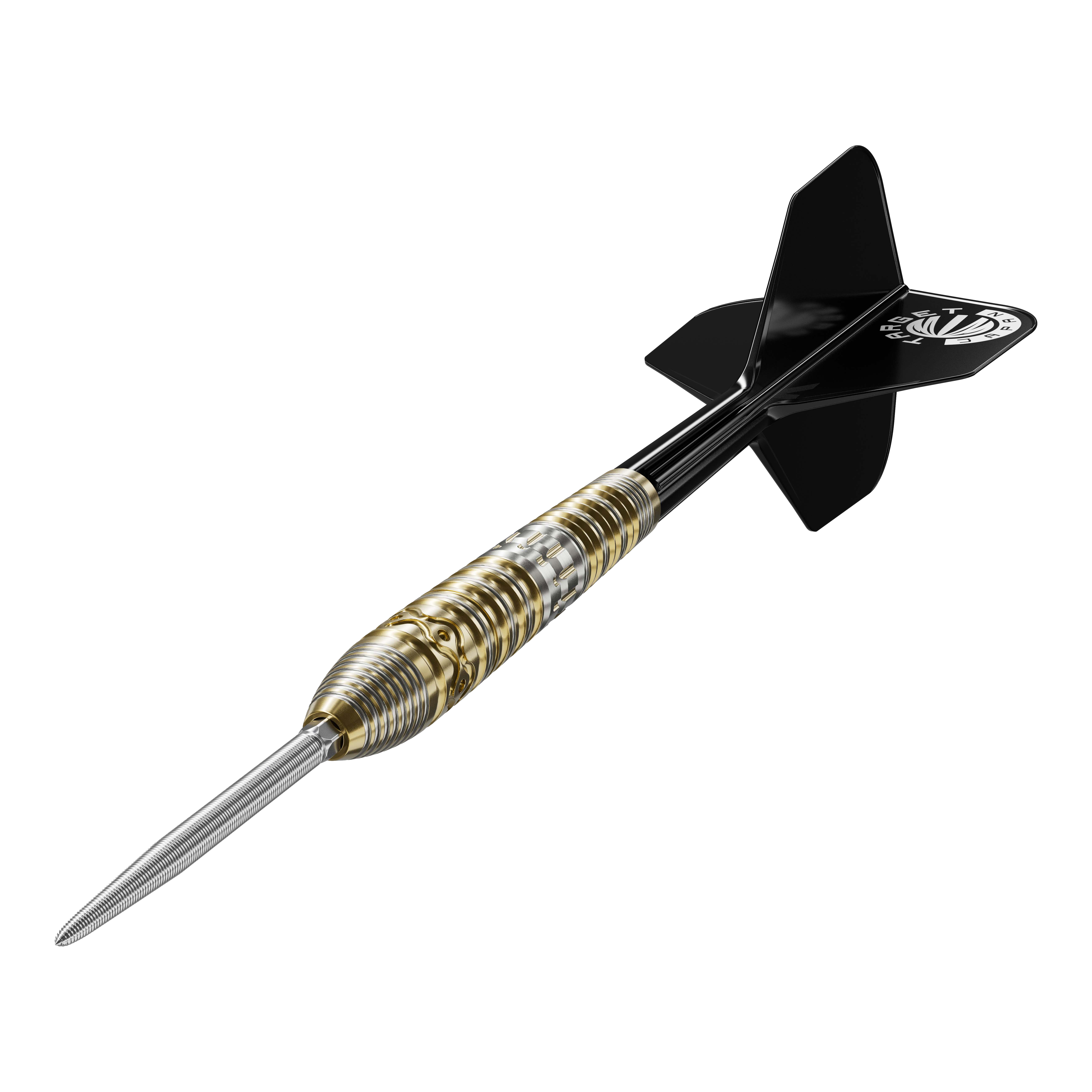Target Japan Hot Shot GEN2 steel darts - 23g Das Bild zeigt einen Target Japan Hot Shot GEN2 Steeldart mit einem Gewicht von 23g. Der Dart hat einen metallischen, geriffelten Griffbereich und schwarze Flights.