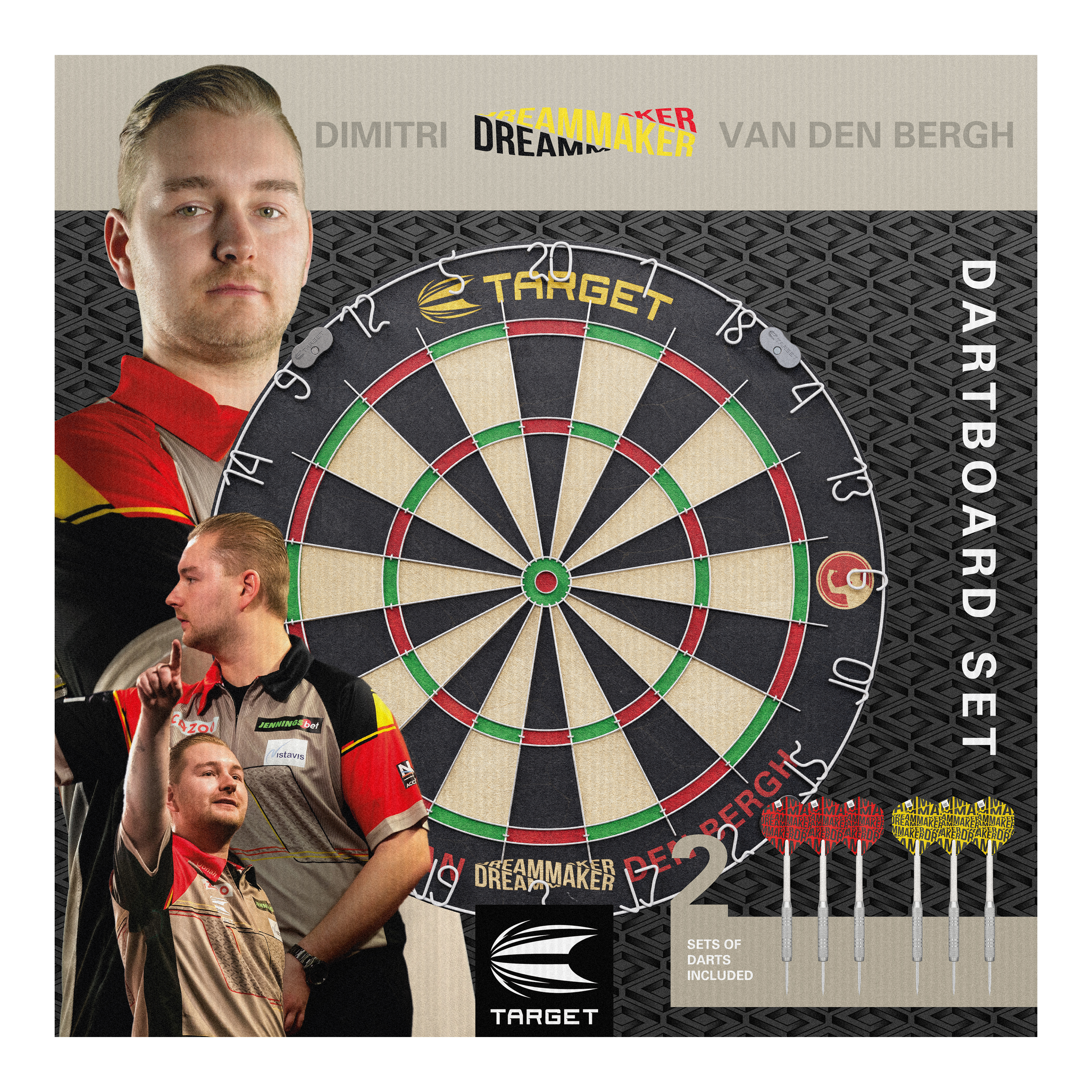 Target Dimitri Van Den Bergh steel dartboard set Das Bild zeigt das Produkt "Target Dimitri Van Den Bergh Steeldartboard Set" mit einer großen Dartscheibe in der Mitte. Rechts unten sieht man sechs mitgelieferte Darts und im Hintergrund ist Dimitri Van Den Bergh mehrfach abgebildet.