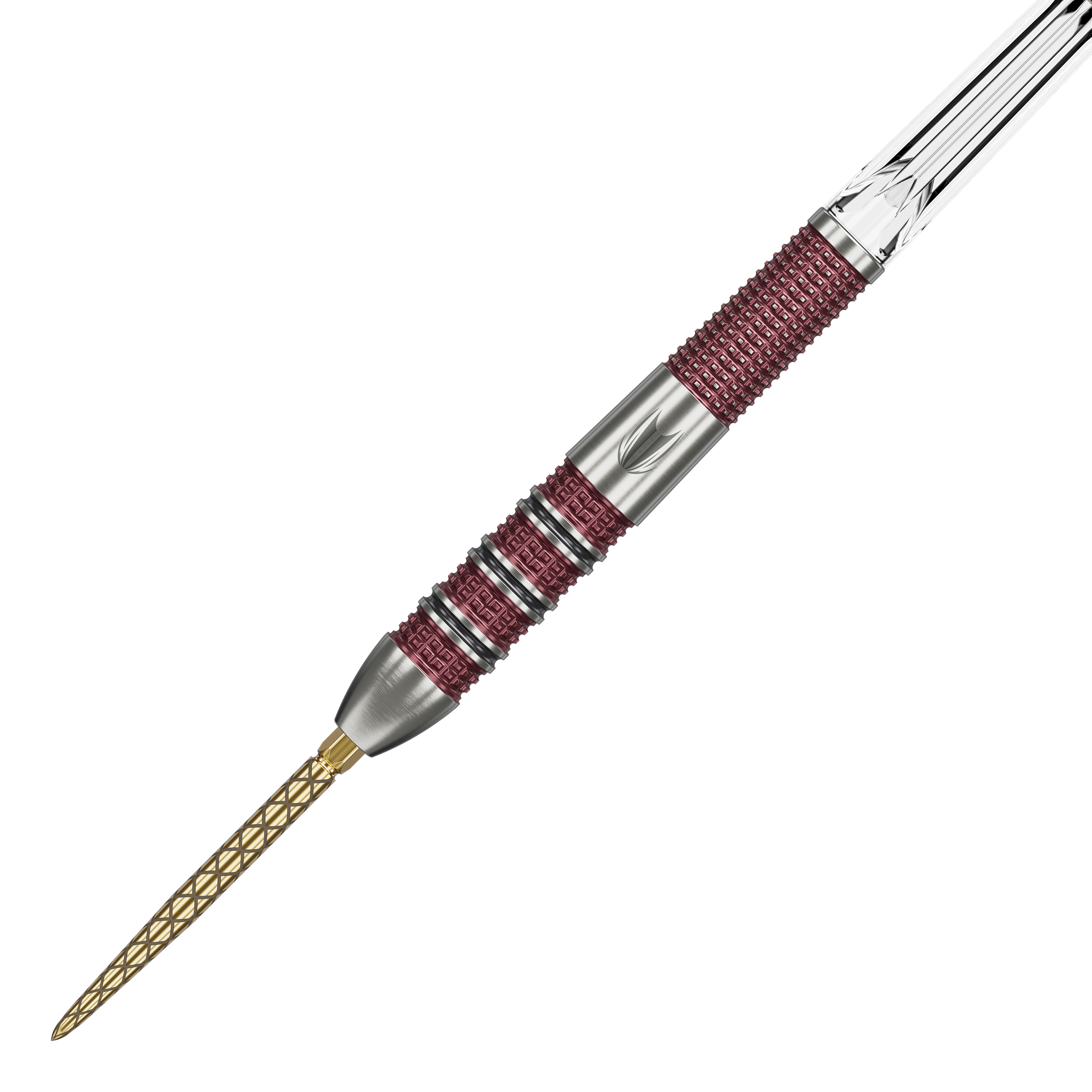 Dies ist ein Target Stephen Bunting 95K Swiss Point Steeldart. Der Dartpfeil hat eine silberne und rote Griffzone sowie eine goldfarbene Spitze.