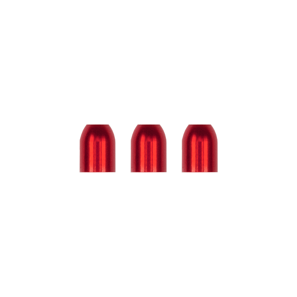LCR-RED_L-Style_Premium_Metall_Champagne_Ringe_Rot_1 Das Bild zeigt drei rote, metallische Champagner-Ringe nebeneinander. Sie sind glänzend und haben eine abgerundete Form.