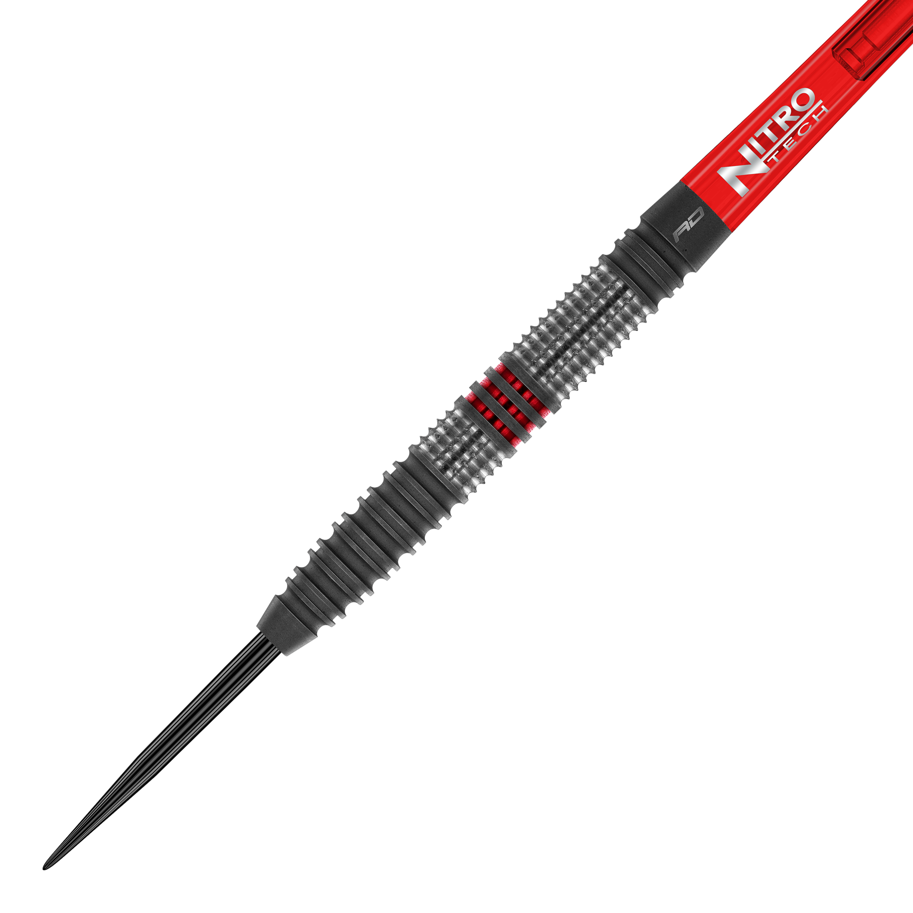 Red Dragon Jonny Clayton Hiraeth steel darts Das Bild zeigt einen Steeldart namens "Red Dragon Jonny Clayton Hiraeth". Der Dart hat ein geriffeltes Griffstück mit schwarzen und roten Akzenten sowie einen roten Schaft mit der Aufschrift "Nitro Tech".