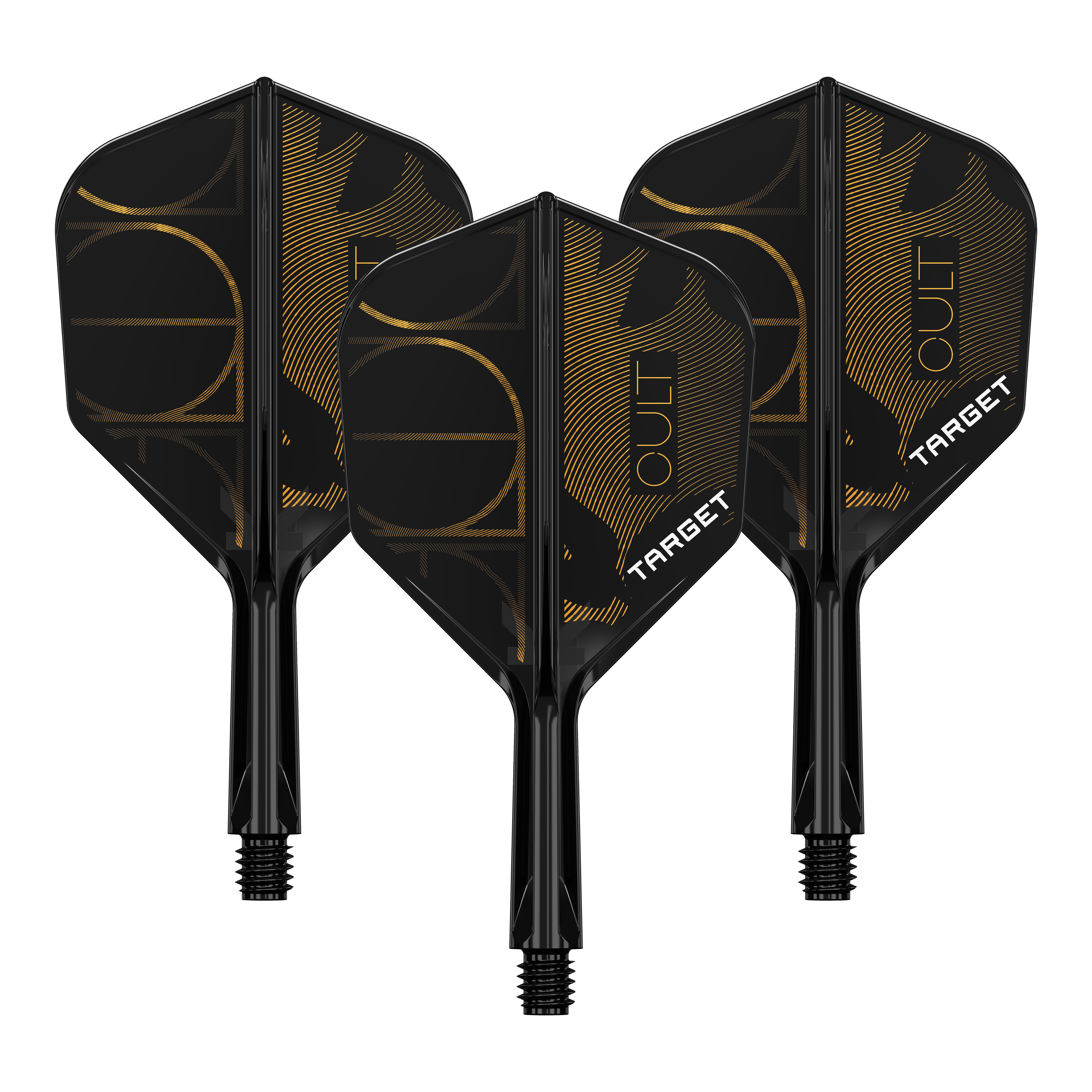 Hier ist ein Set von Dart Flights abgebildet, wahrscheinlich Target K-Flex Cult No6, 19mm. Das Bild zeigt mehrere Flights nebeneinander.