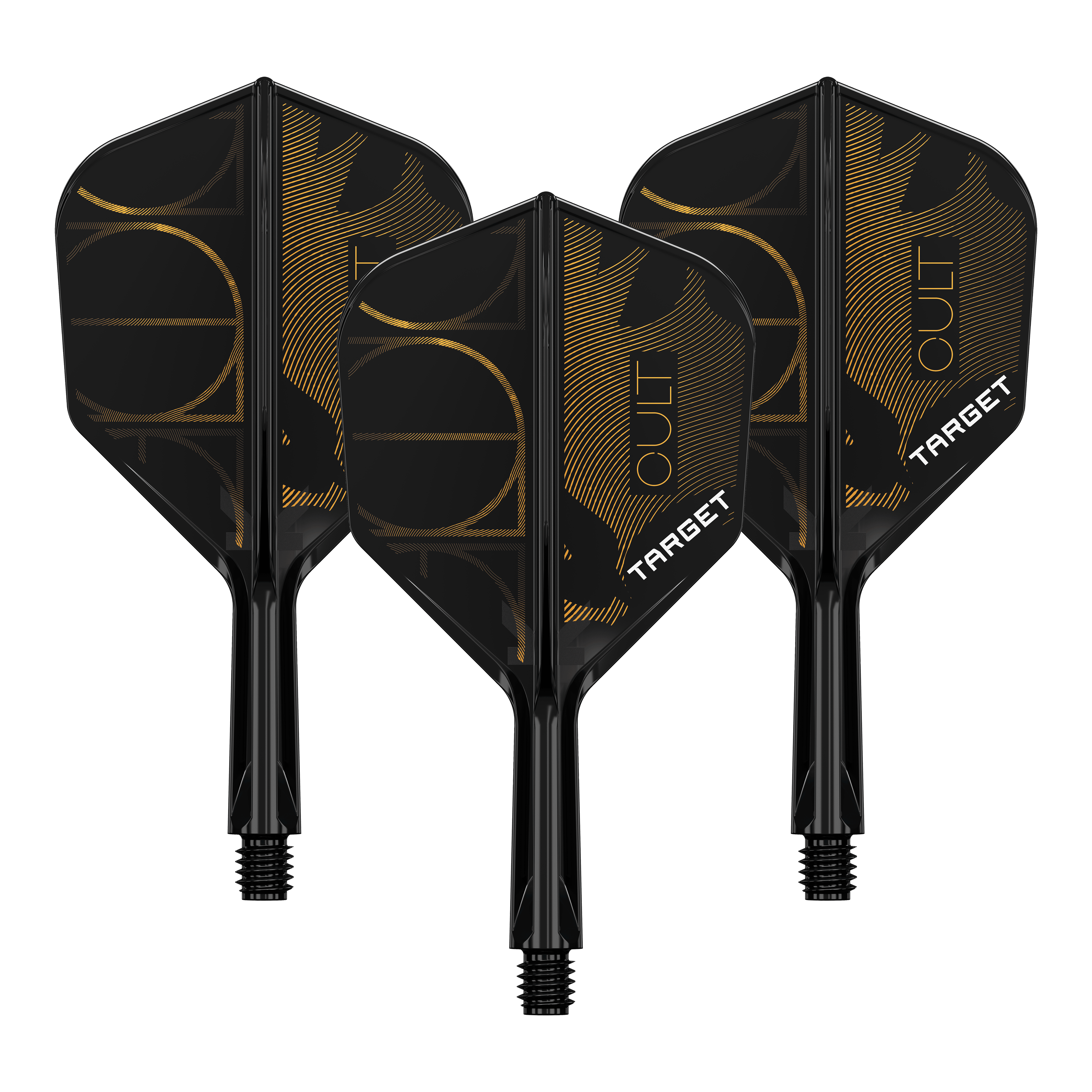 Target K-Flex Cult No6 Flight Shaft System Hier ist ein Set von Dart Flights abgebildet, wahrscheinlich Target K-Flex Cult No6, 19mm. Das Bild zeigt mehrere Flights nebeneinander.