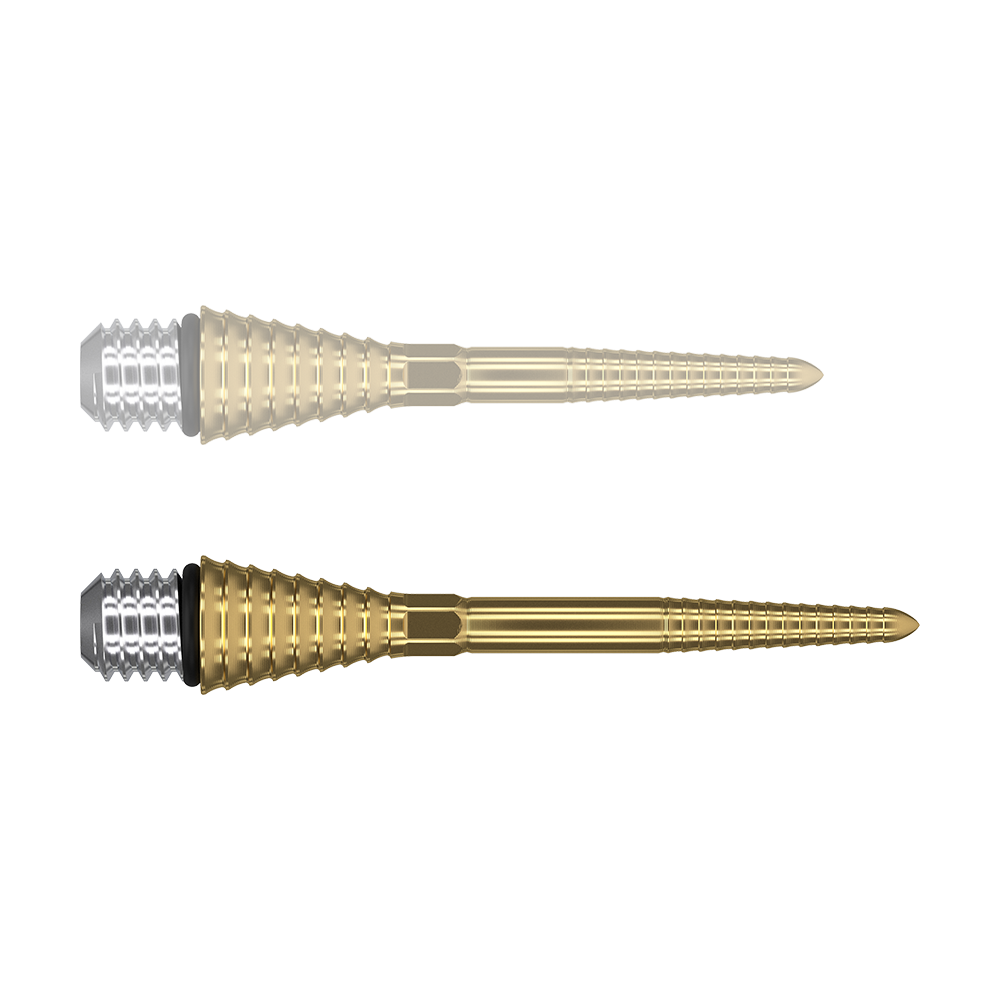 380179_Target_Titanium_Swiss_Point_Grooved_Conversion_Points_Gold_30mm_1yulRWxeJOtNkw Das Bild zeigt zwei goldfarbene, gerillte Konversionsspitzen für Darts. Sie haben einen silbernen Schraubkopf und sind schlank und spitz zulaufend.
