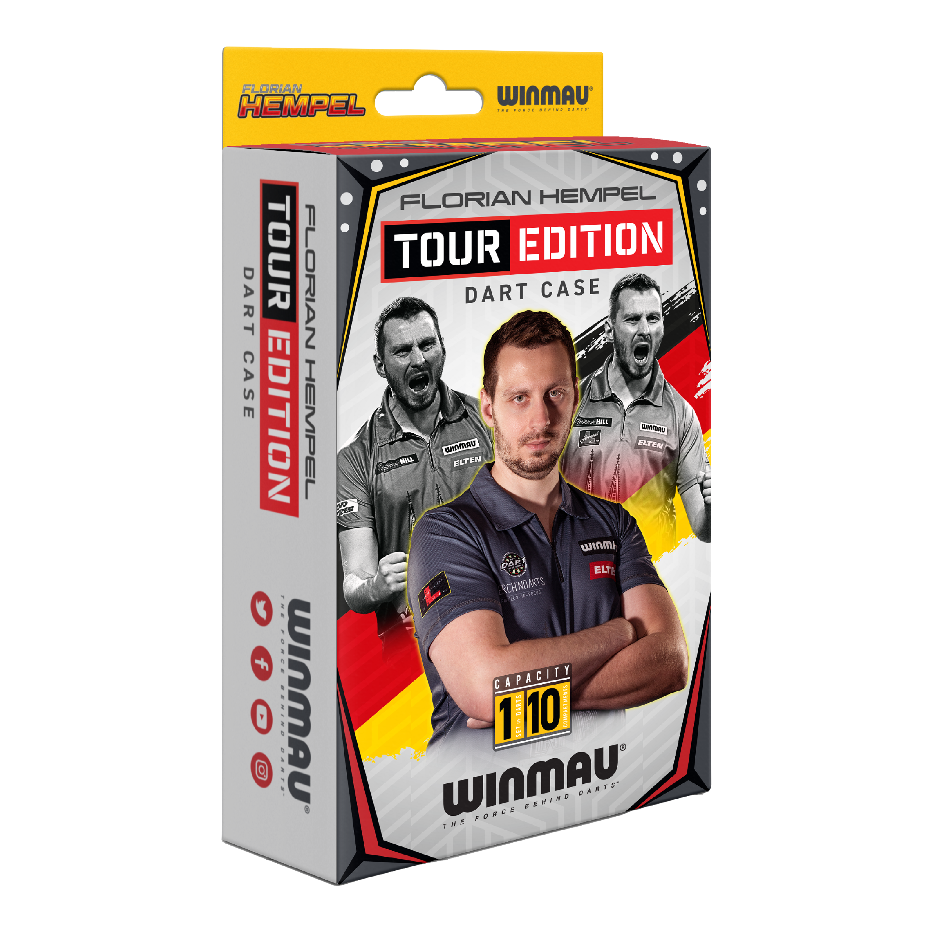 Winmau Florian Hempel Tour Edition dart case Die Verpackung zeigt das Produkt "Winmau Florian Hempel Tour Edition Dartcase". Auf der Vorderseite sind Bilder von Florian Hempel und der Hinweis auf eine Kapazität von 110 Darts abgebildet.
