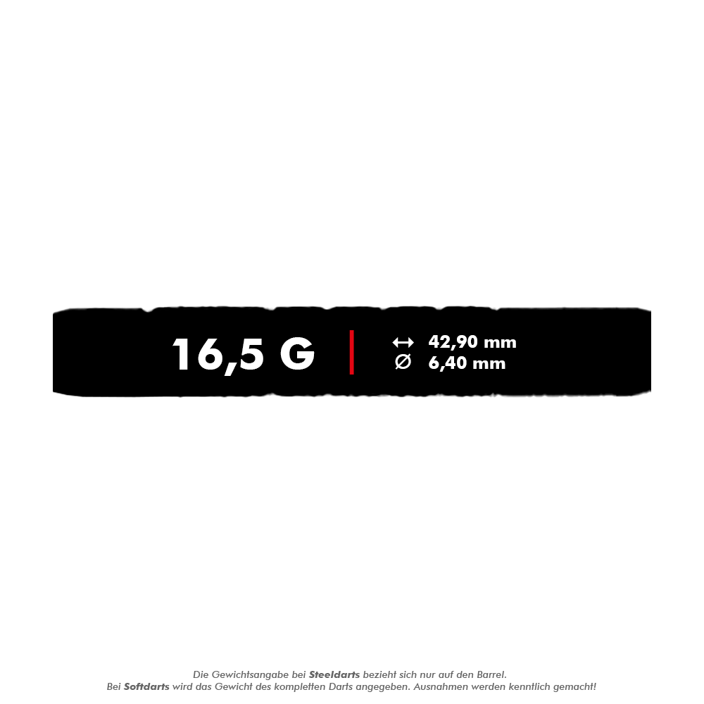 McDart 85 Tungsten V7 soft darts - 16.5g Das Bild zeigt die technischen Daten des Produkts "McDart 85er Tungsten V7 Softdarts - 16,5g". Der Dart wiegt 16,5 Gramm, ist 42,90 mm lang und hat einen Durchmesser von 6,40 mm.