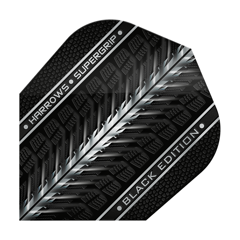 Harrows Supergrip Black Edition No6 Flights Das Bild zeigt das Produkt "Harrows Supergrip Black-Edition No6 Flights". Das Flight ist schwarz mit silbernen und grauen Akzenten sowie der Aufschrift "HARROWS SUPERGRIP BLACK EDITION".