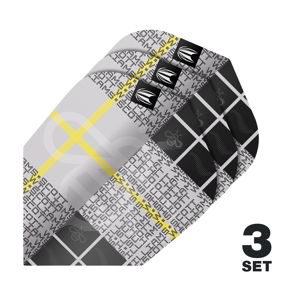 Target Pro Ultra Scott Williams GEN2 No6 Flights - 3 Sets Das Bild zeigt drei Sätze der "Target Pro Ultra Scott Williams GEN2 No6 Flights". Die Flights haben ein modernes Design mit schwarzem, grauem und gelbem Muster.