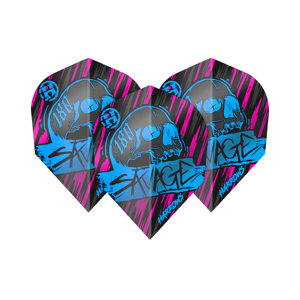 Harrow's Savage Aqua Pink No6 Flights Das Bild zeigt die Harrows Savage Aqua Pink No6 Flights, die für Dartpfeile verwendet werden. Sie sind schwarz mit auffälligen blauen und pinken Grafiken, darunter ein Totenkopf und das Wort "SAVAGE".